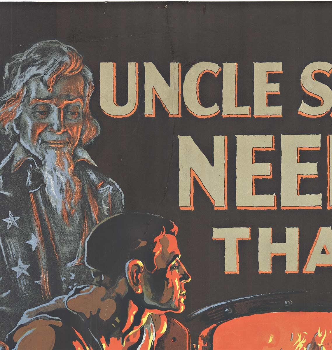 Original Uncle Sam Needs that Extra Shovelful (of Coal) vintage poster - American Realist Print by F. Sindelar