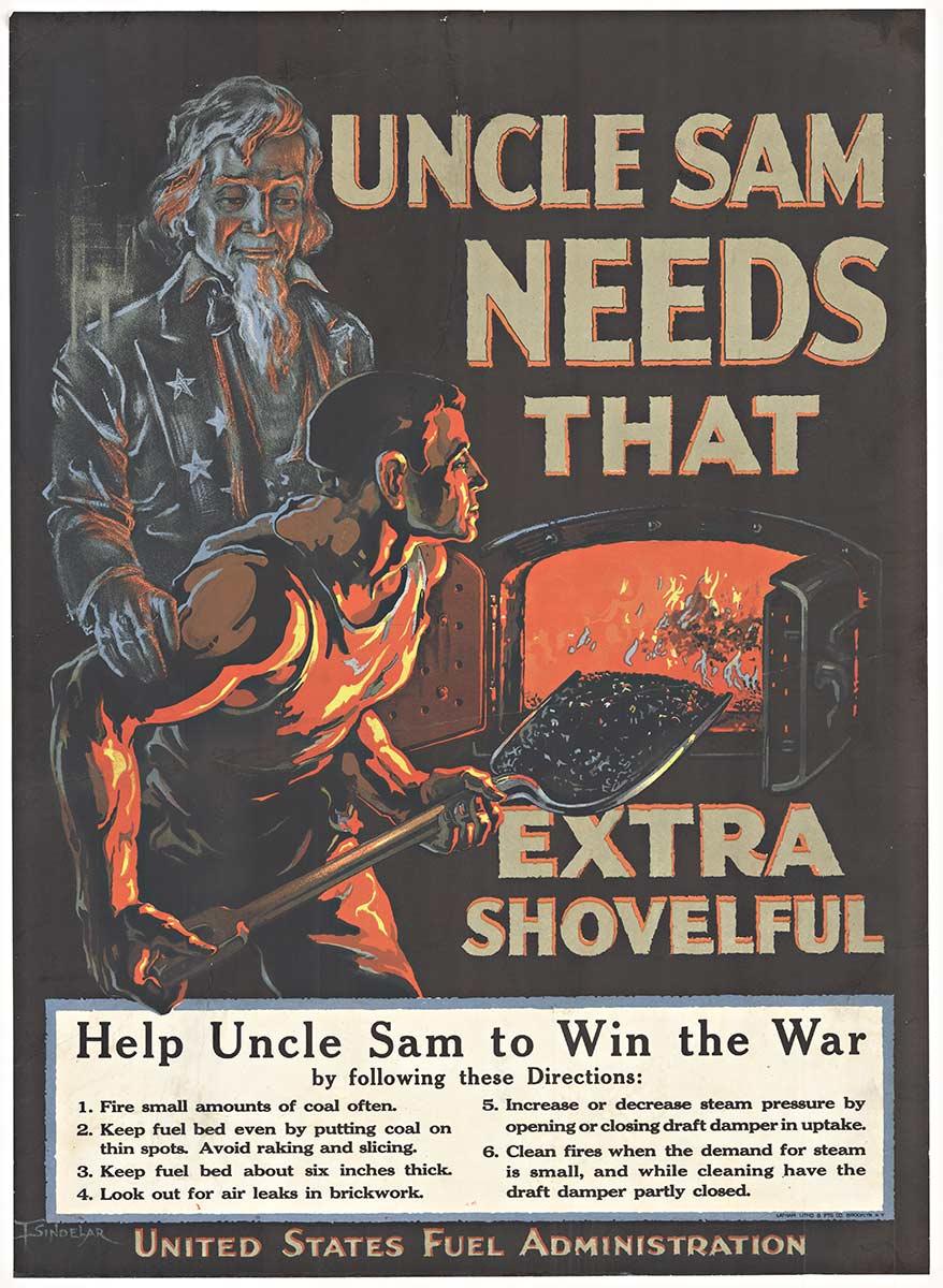 F. Sindelar Figurative Print - Original Uncle Sam Needs that Extra Shovelful (of Coal) vintage poster