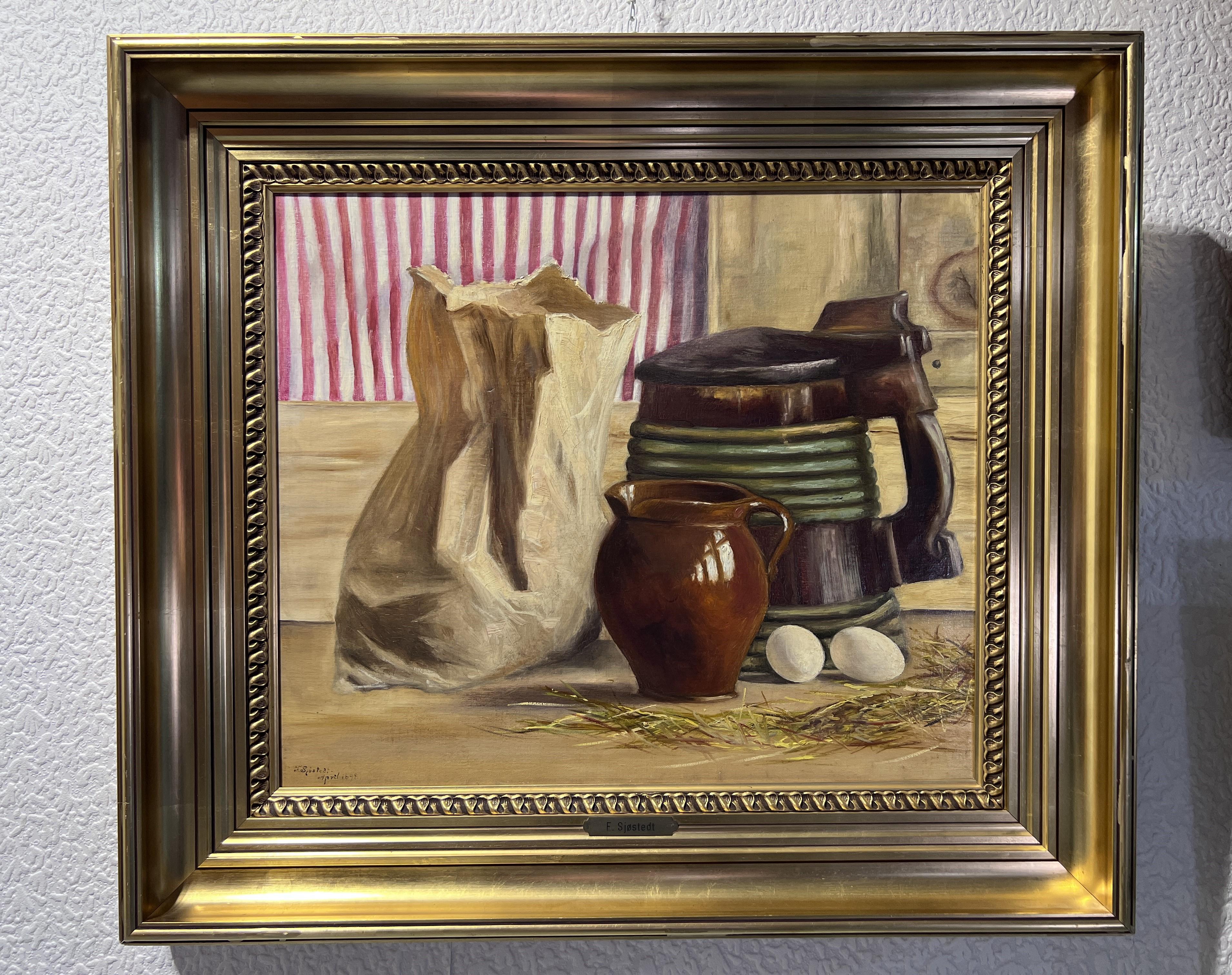 1898 Artista scandinavo F. SJOSTEDT Pittura ad olio antica su tela, Natura morta in vendita 1