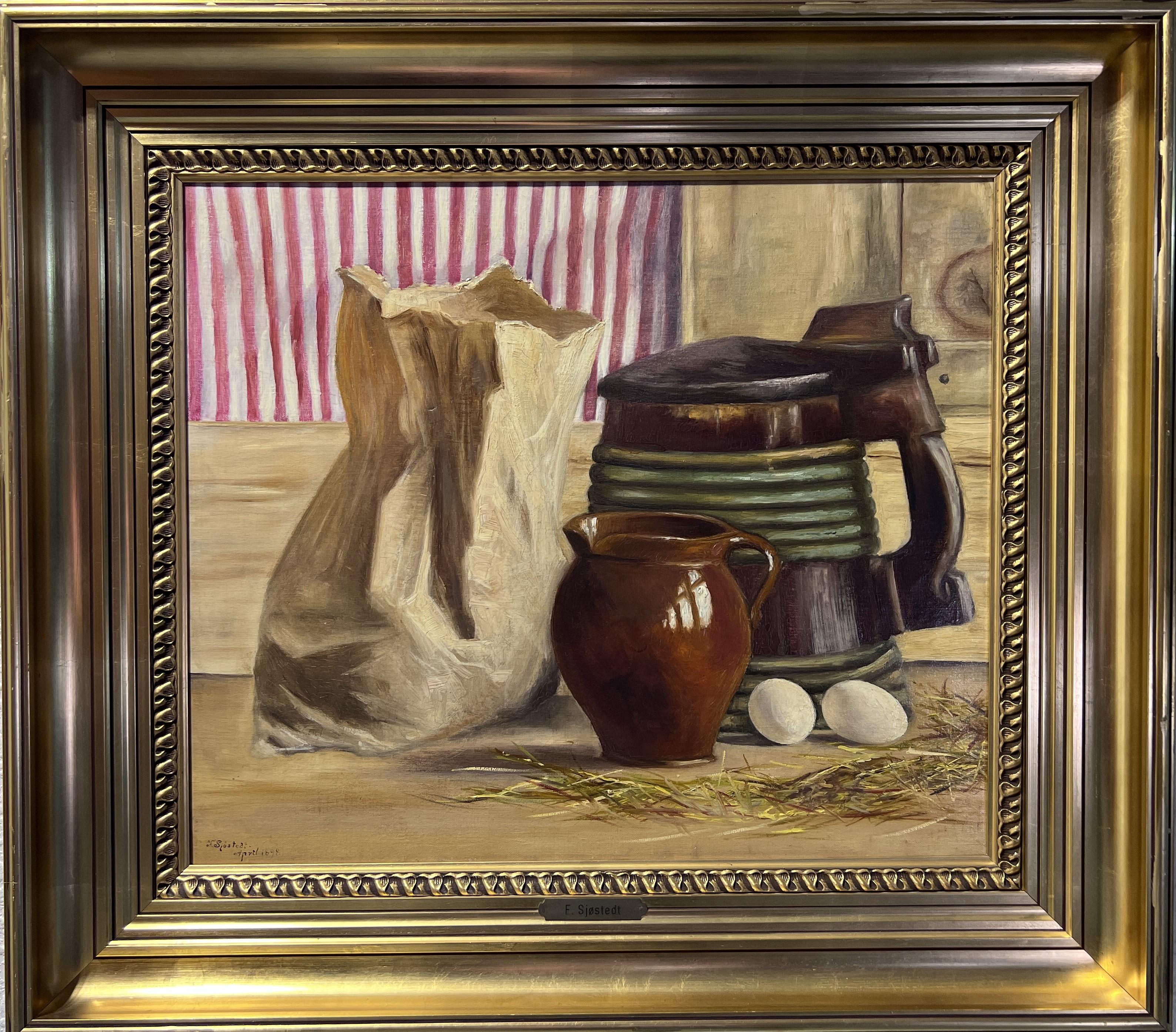 Up for sale is a beautiful antique oil painting on canvas by Scandinavian Artist F. SJOSTEDT The painting depicts a Still life composition.

Signed and dated in the lower-left corner F. SJOSTEDT 1898. 

Nicely framed. The nameplate is in the lower