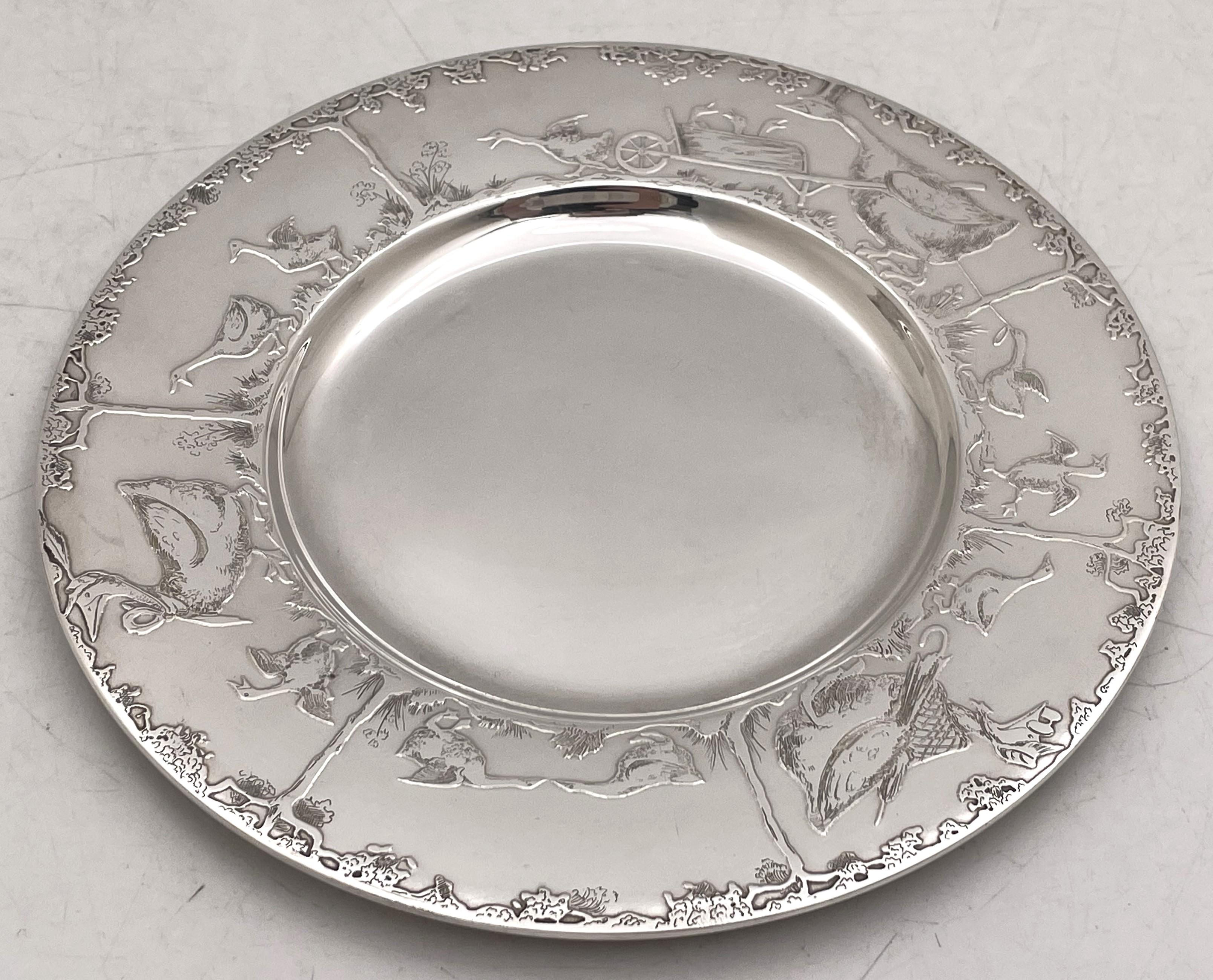 American F. Smith Sterling Silver Child Bowl & Underplate with Embossed Animal Motifs For Sale