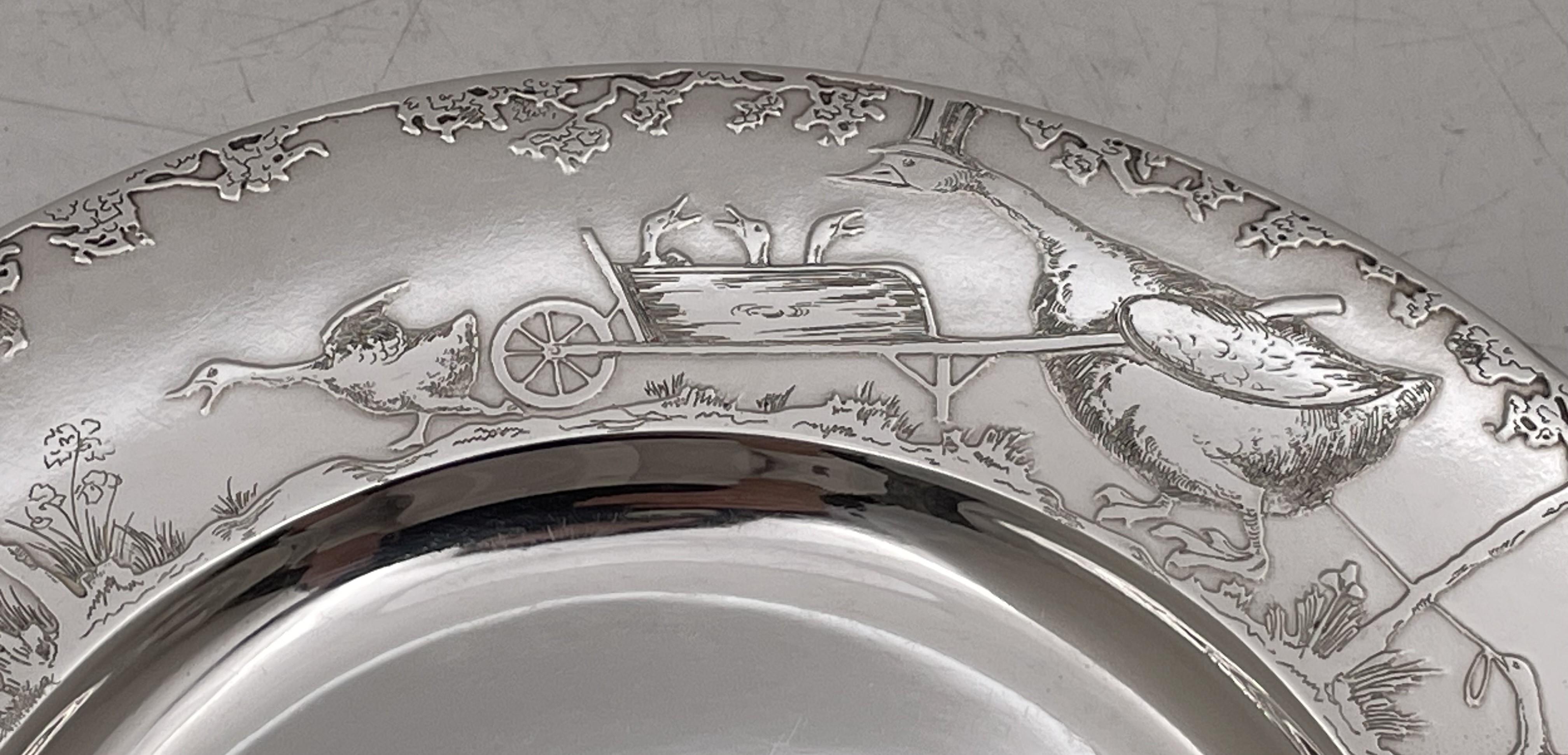 F. Smith Sterling Silver Child Bowl & Underplate with Embossed Animal Motifs In Good Condition For Sale In New York, NY