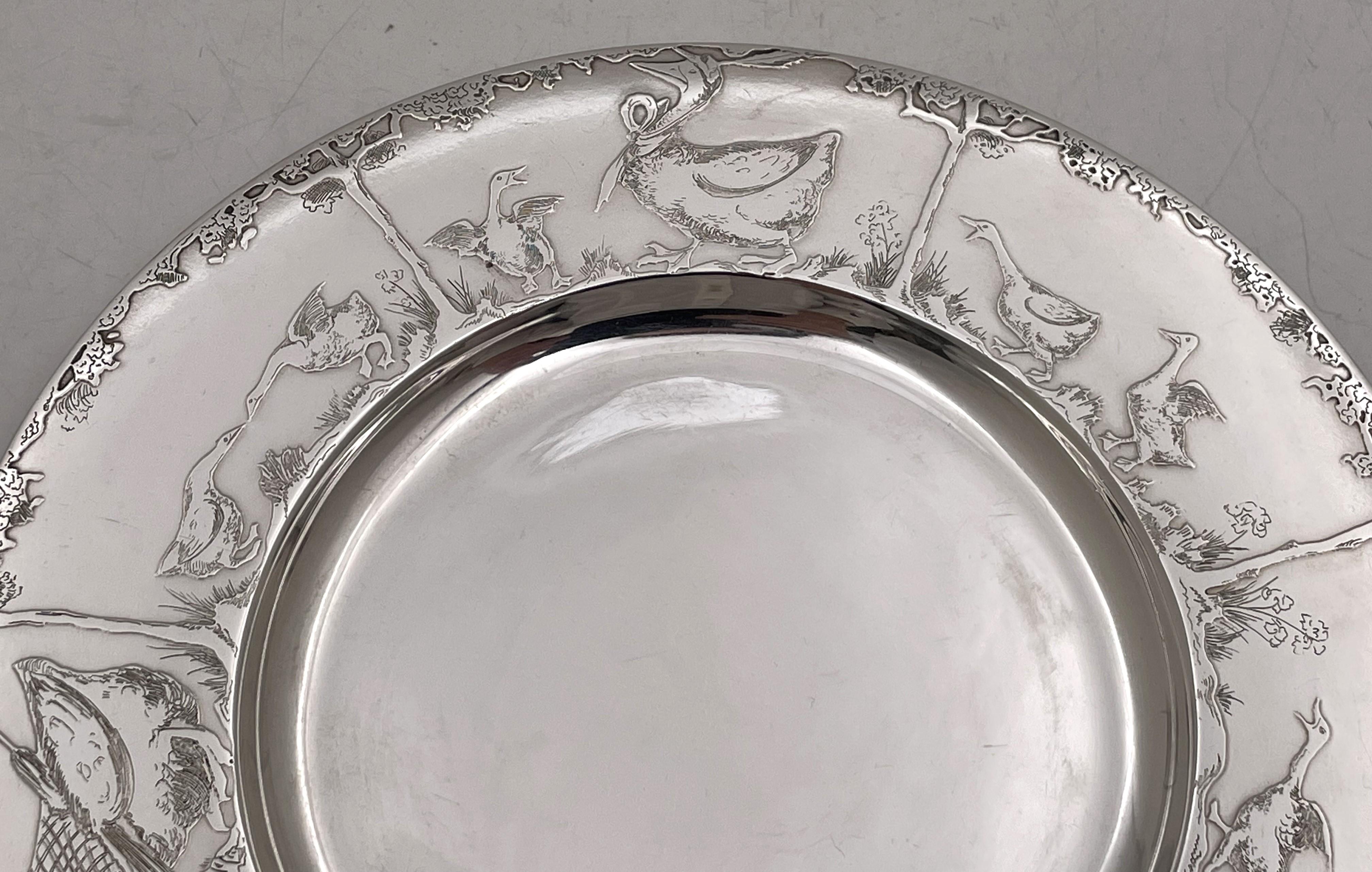 20th Century F. Smith Sterling Silver Child Bowl & Underplate with Embossed Animal Motifs For Sale