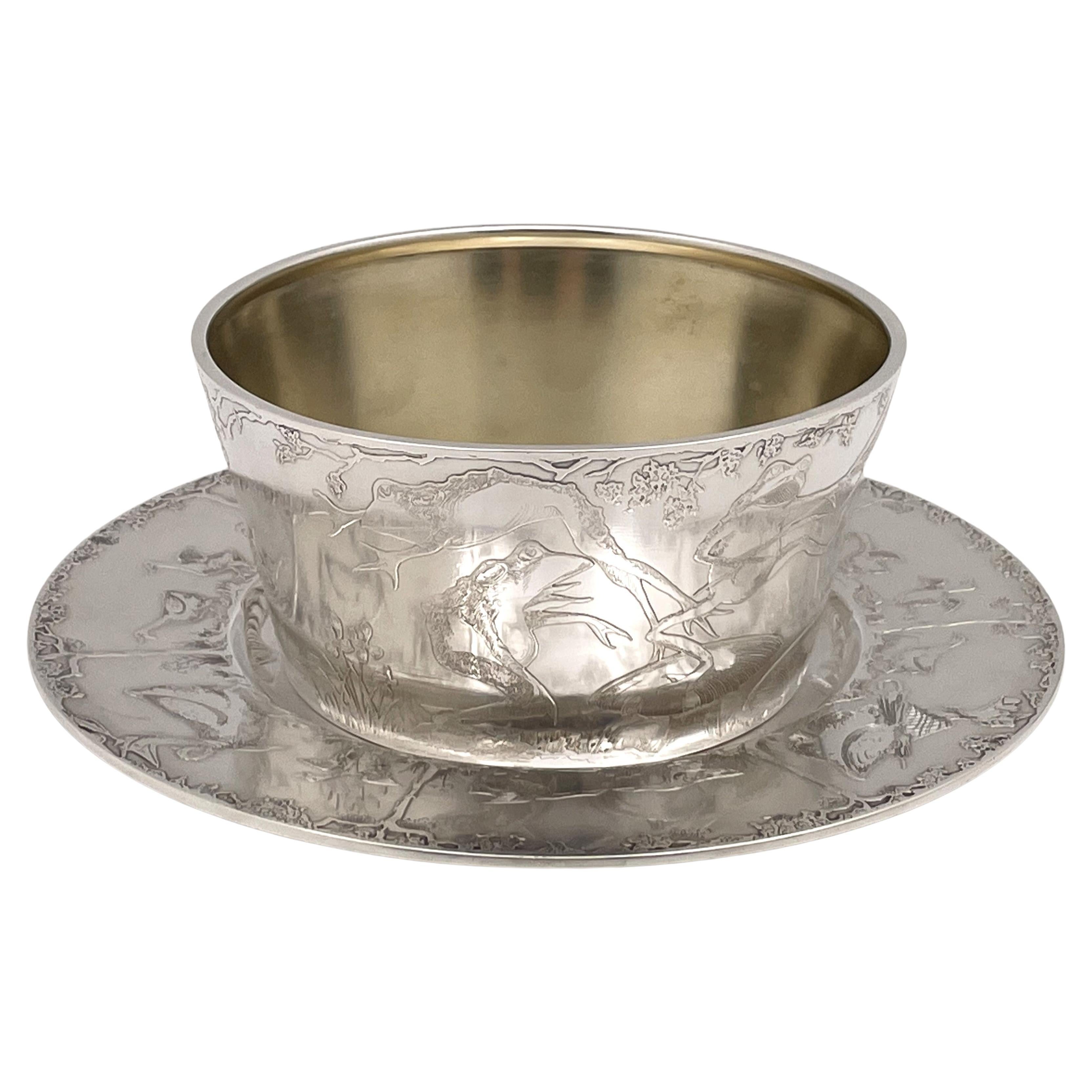 F. Smith Sterling Silver Child Bowl & Underplate with Embossed Animal Motifs For Sale