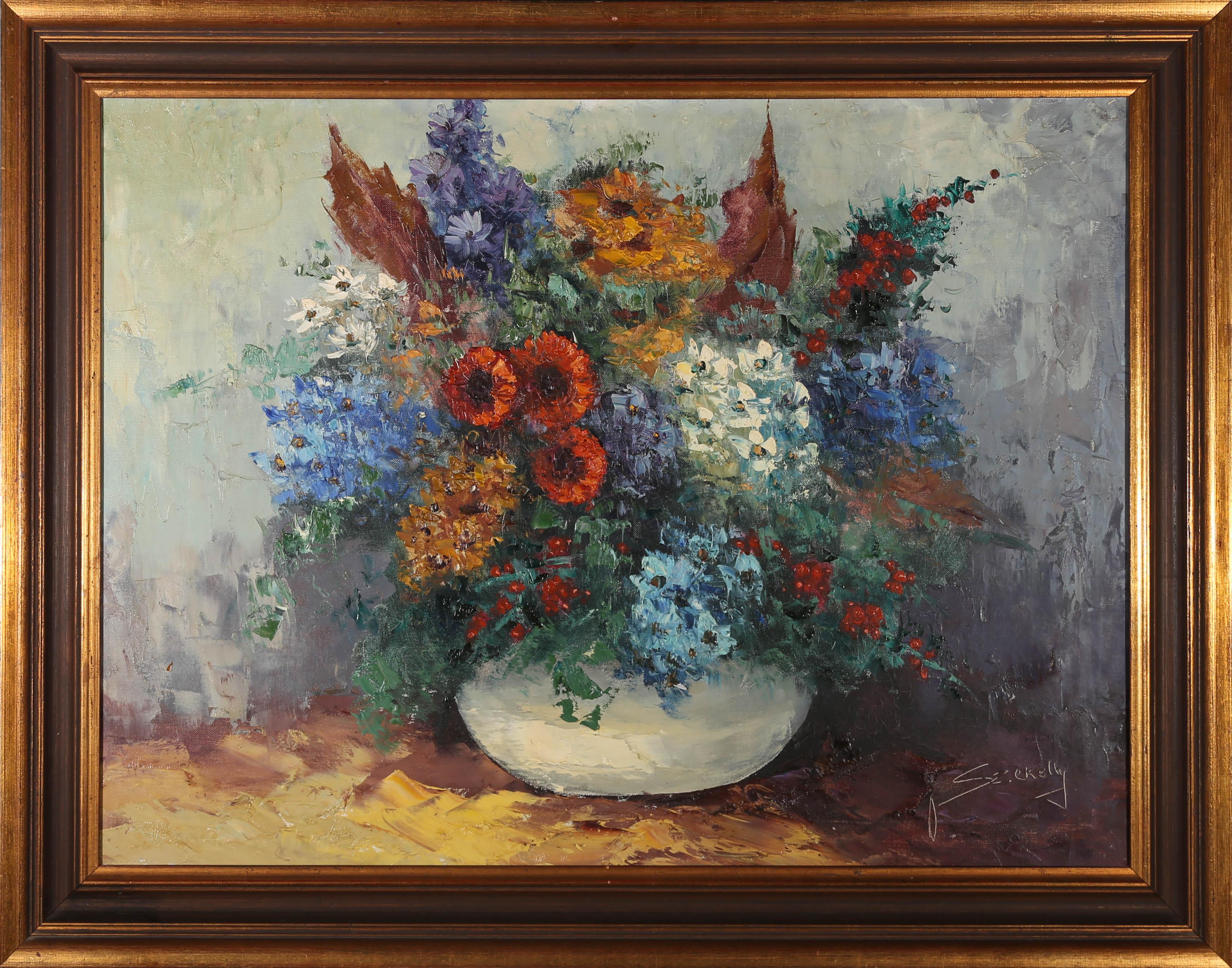Depicting a beautiful array of summer perennials in a shallow ceramic vase. Painted in a highly expressive manner. Signed to the lower right. Presented in a part-gilt frame with a green painted cove. On canvas on stretchers.




