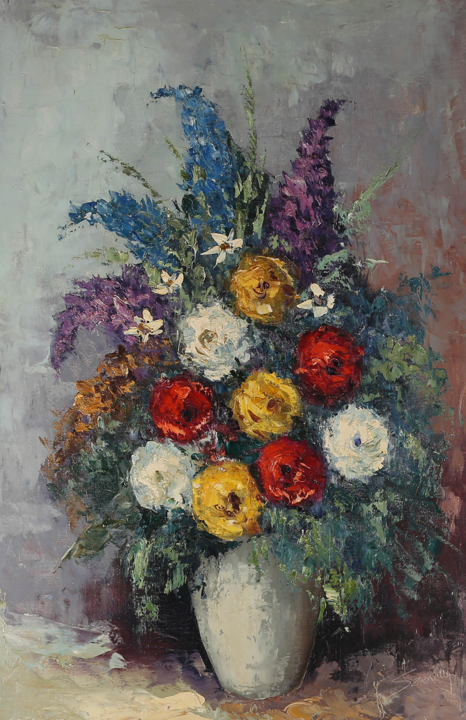 F. Szekelly - Hungarian School 20th Century Oil, Hyacinth and Roses For Sale 1