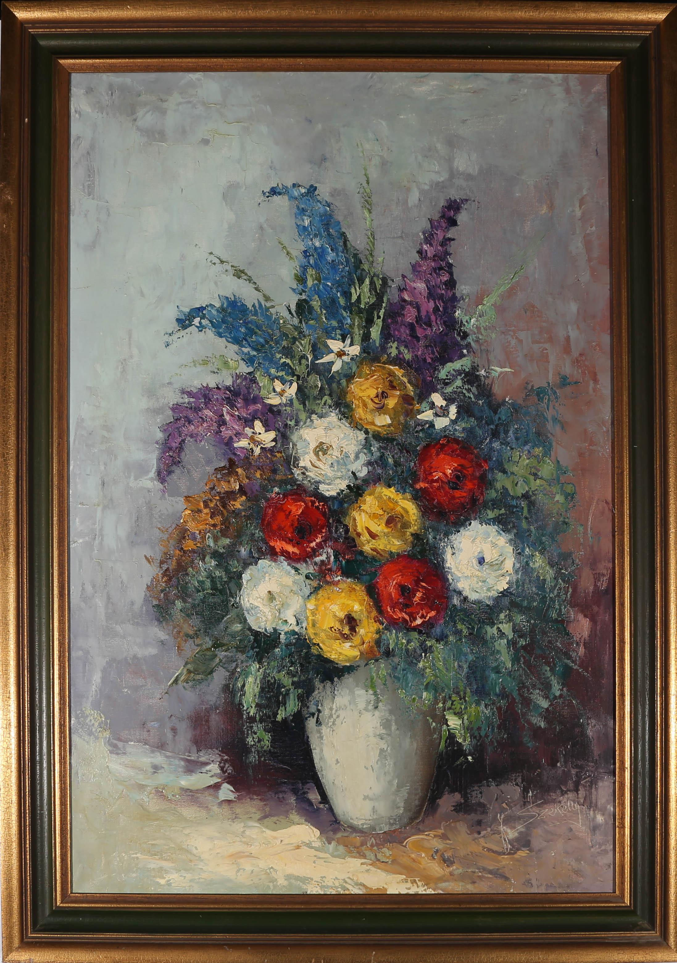 A vibrant oil depiction of roses and hyacinths in a ceramic vase. The artist has captured the flowers in an expressive style with an impasto technique. Signed to the lower right. Presented in a part gilt frame with a green painted cove. On canvas on