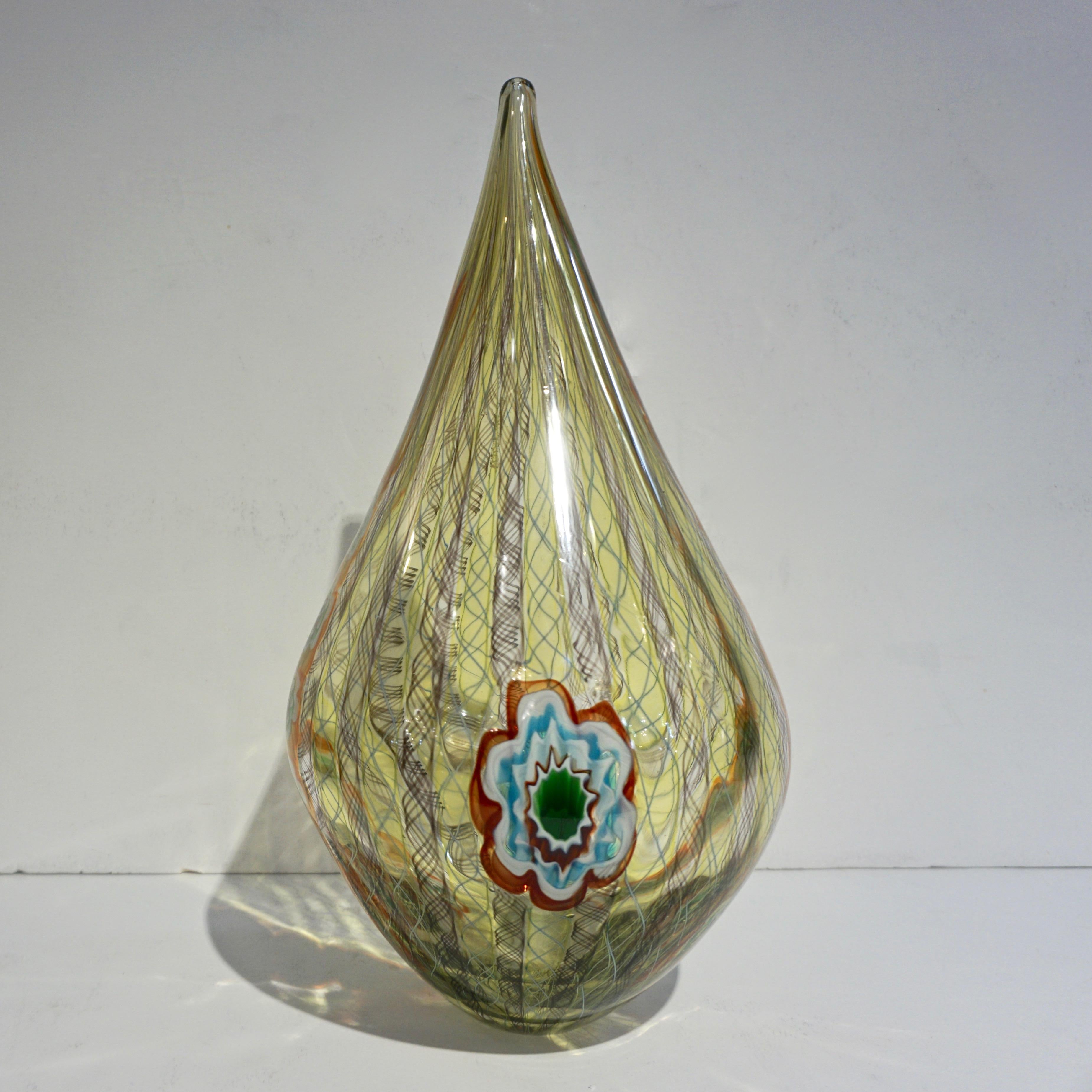 Tagliapietra Italian Modern Green Yellow Orange Murano Glass Drop Sculpture Vase For Sale 5