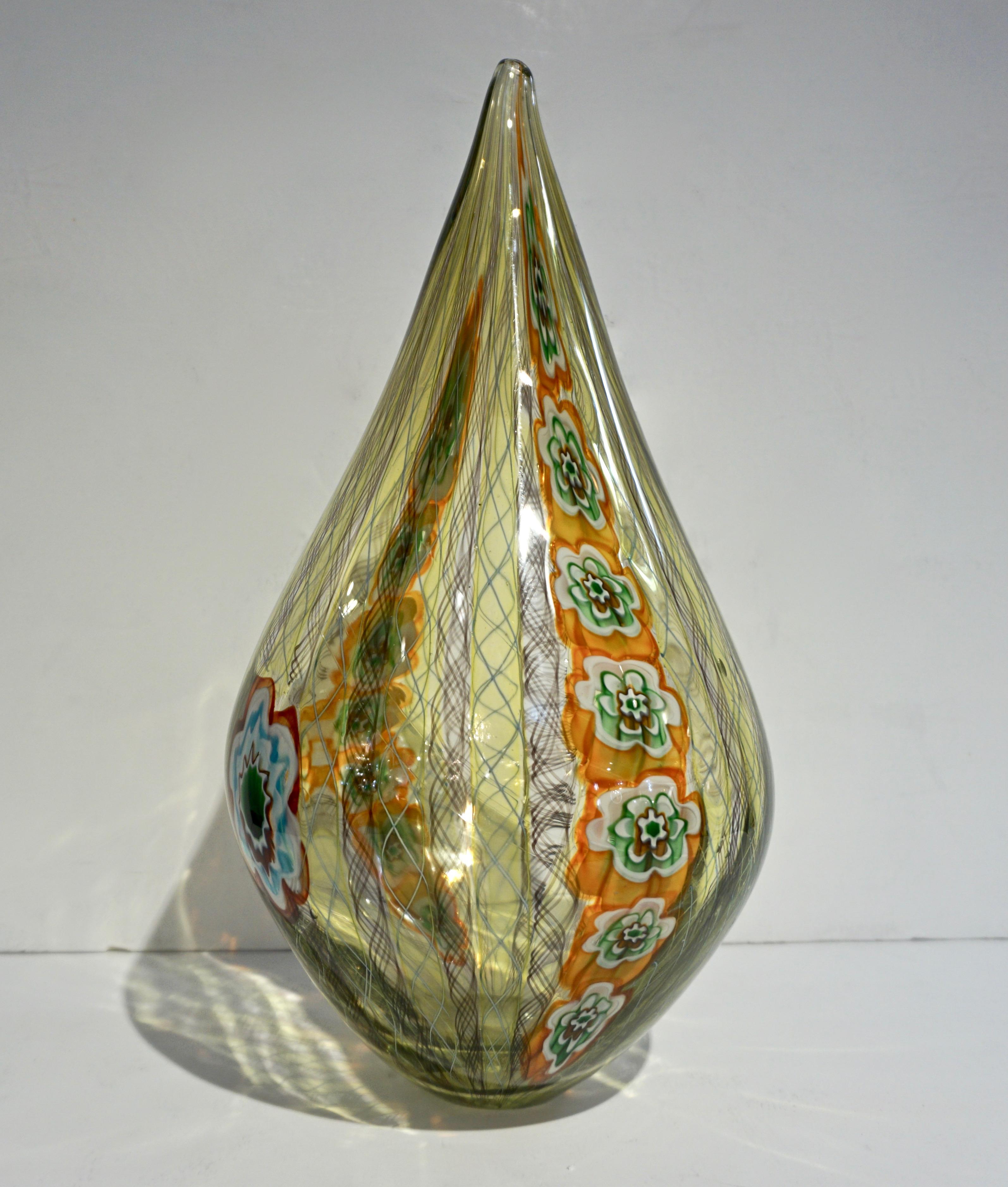 Murrine Tagliapietra Italian Modern Green Yellow Orange Murano Glass Drop Sculpture Vase For Sale