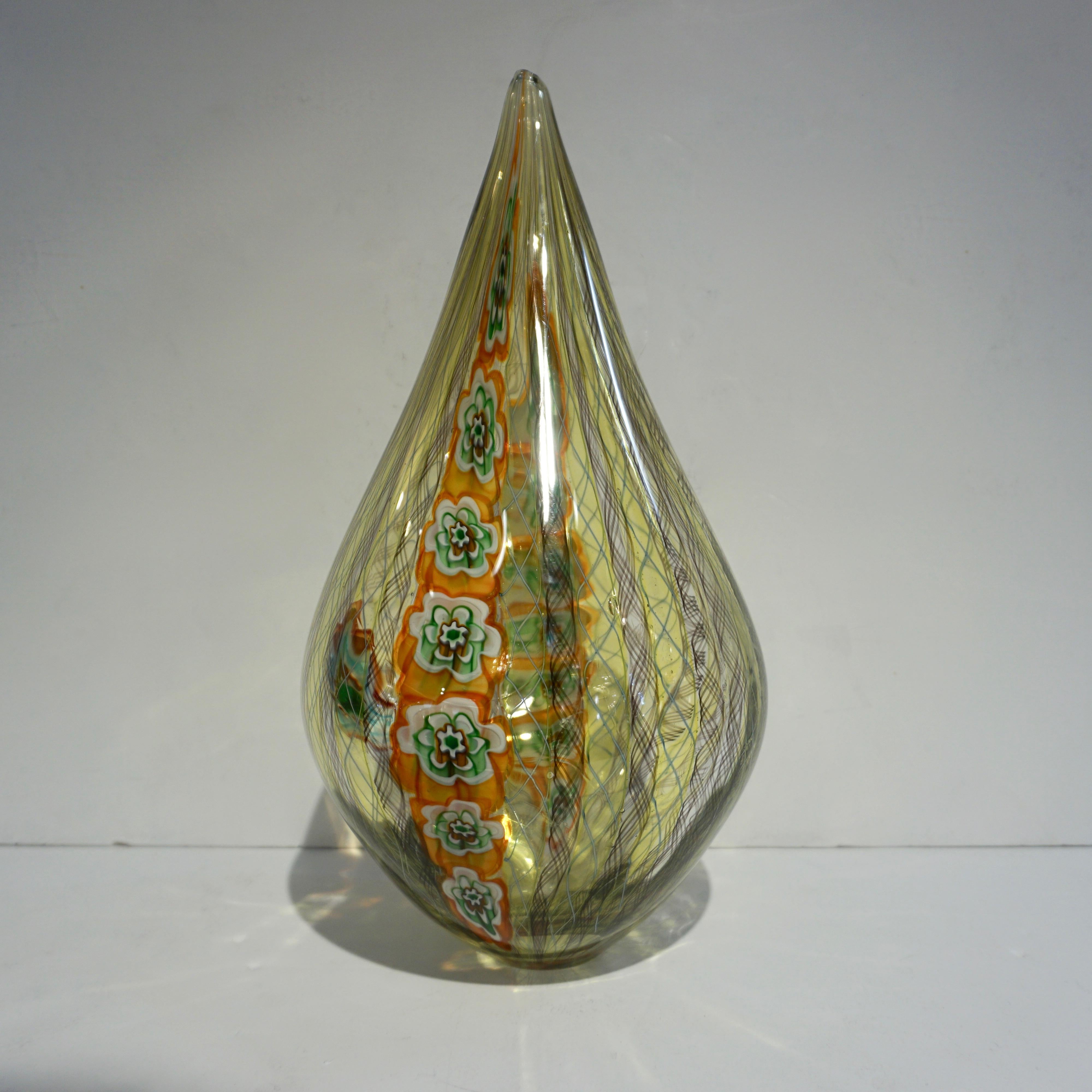 Tagliapietra Italian Modern Green Yellow Orange Murano Glass Drop Sculpture Vase For Sale 3