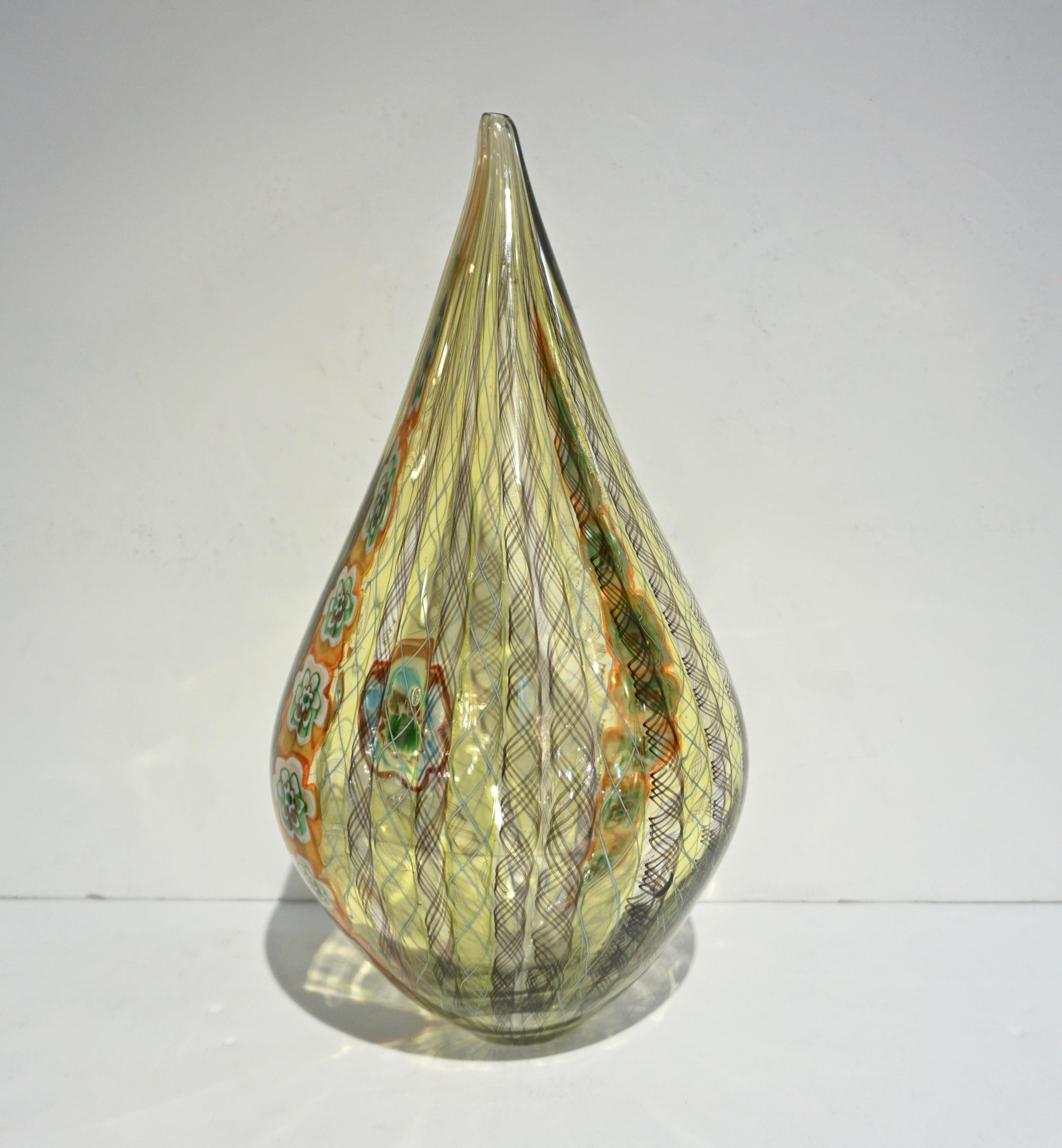 Tagliapietra Italian Modern Green Yellow Orange Murano Glass Drop Sculpture Vase For Sale 3