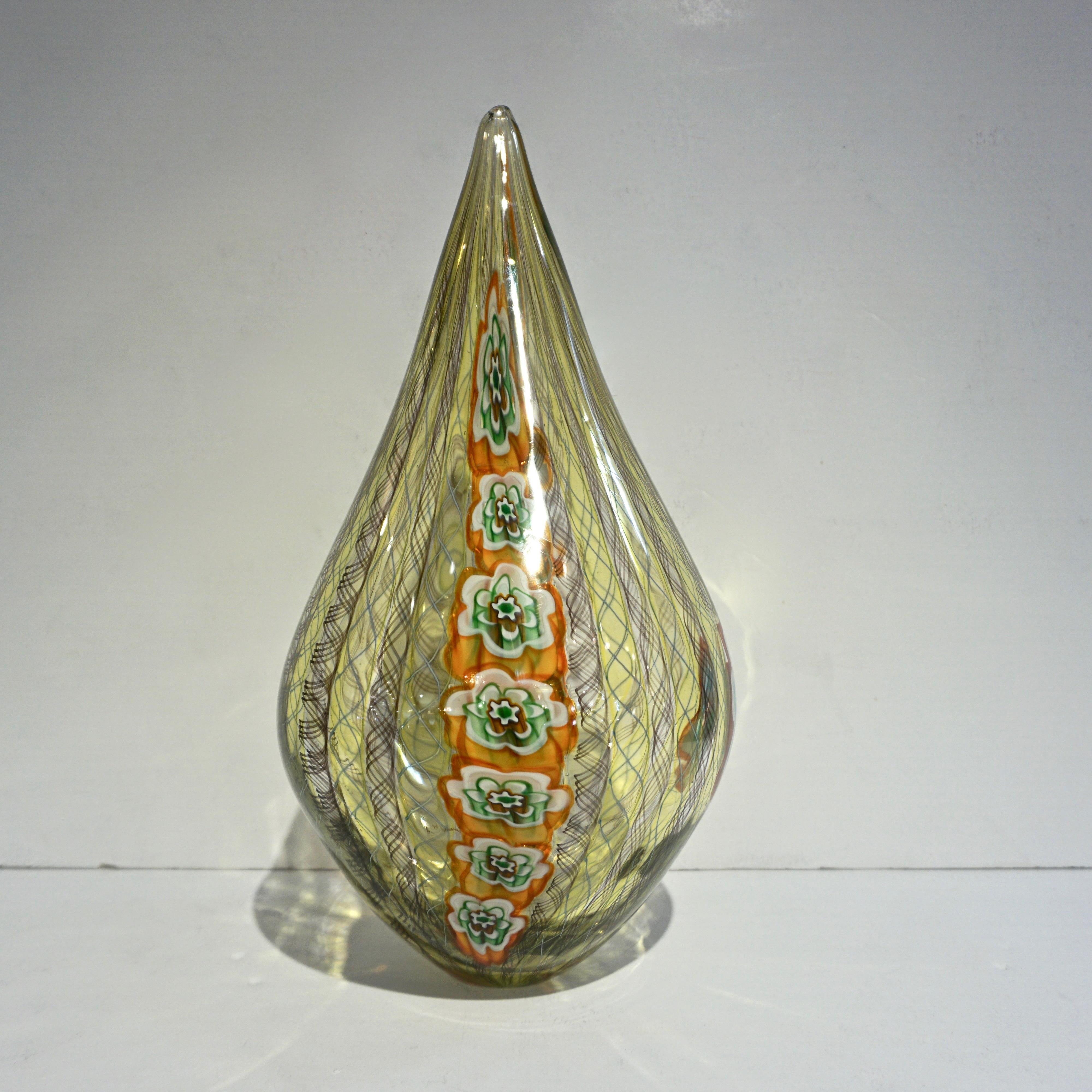 Tagliapietra Italian Modern Green Yellow Orange Murano Glass Drop Sculpture Vase For Sale 5