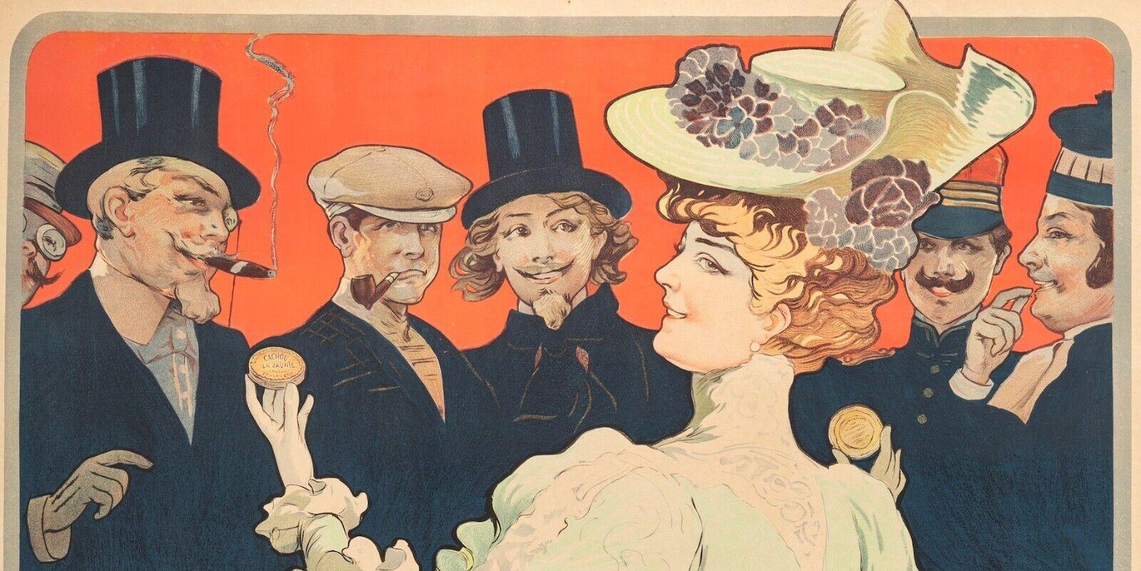 Original Vintage Poster-F. Tamagno-Cachou Lajaunie-Reglisse, c.1900

On the poster, a young woman, wearing a yellow hat decorated with flowers, presents a box of Lajaunie Cachous to six gentlemen. Each of these gentlemen represents a panel of