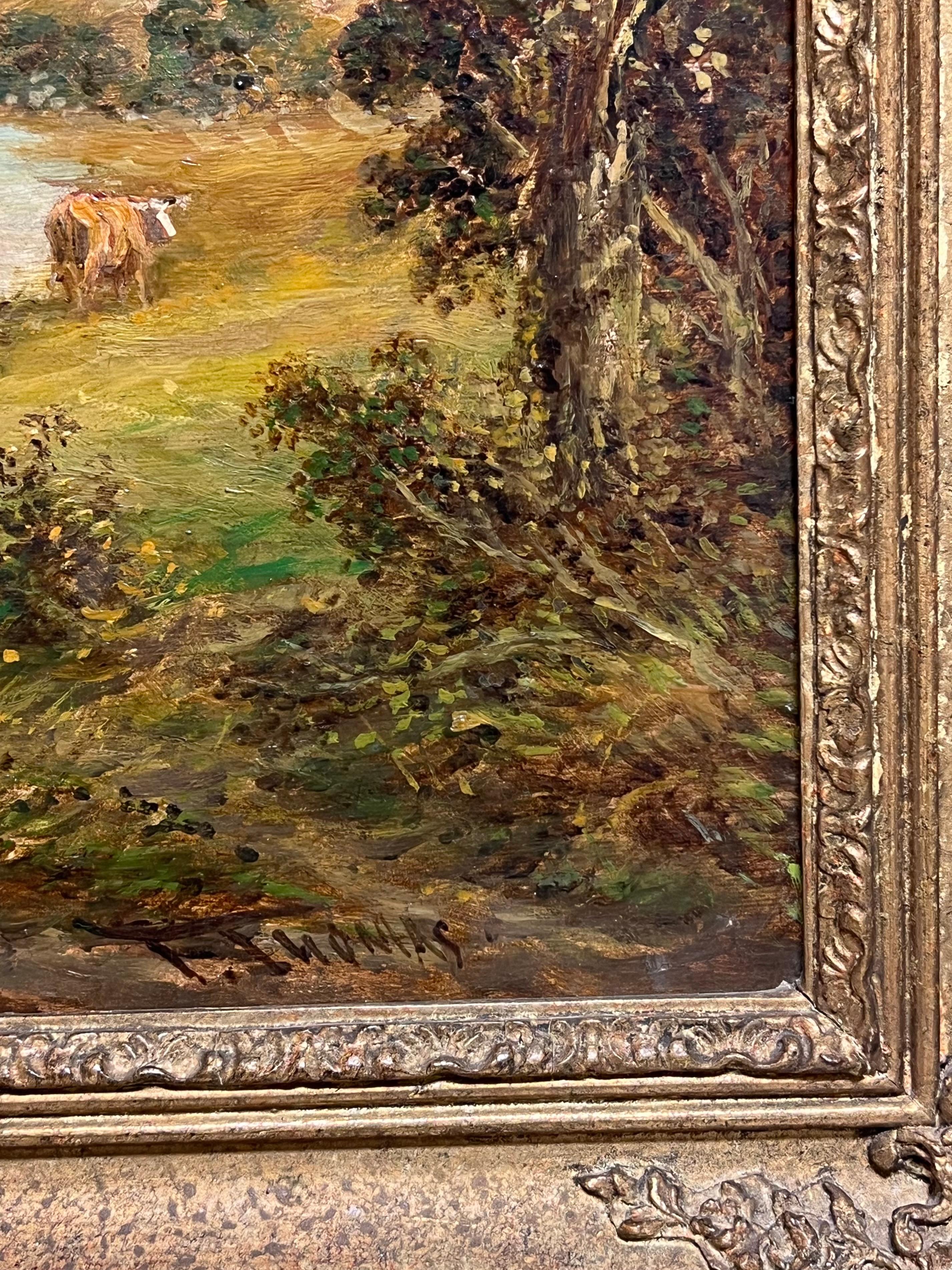 Feine viktorianische signiert Englisch Ölgemälde Ländliche Landschaft Cattle Crossing River im Angebot 7