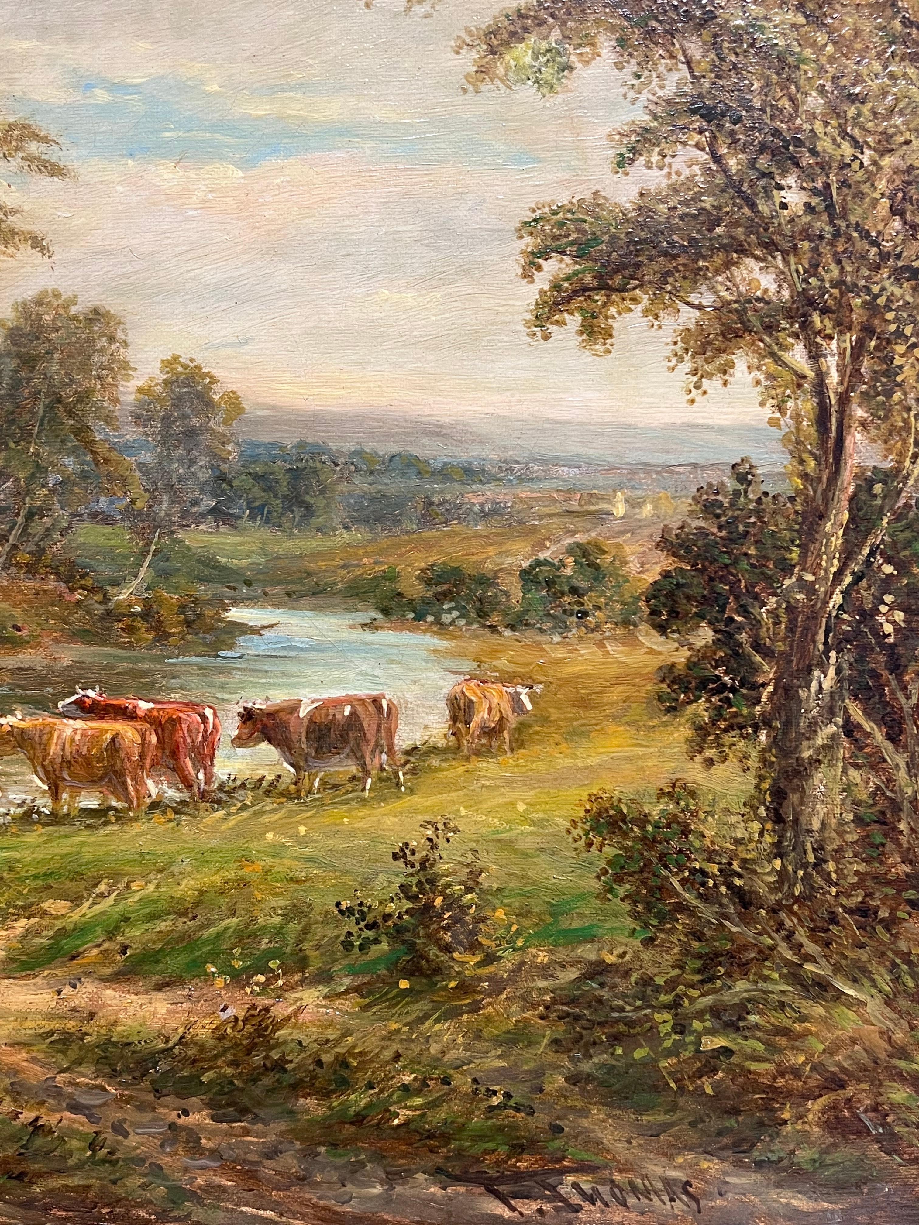 Feine viktorianische signiert Englisch Ölgemälde Ländliche Landschaft Cattle Crossing River im Angebot 8