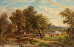 Fine Victorian Signed English Oil Painting Rural Landscape Cattle Crossing River