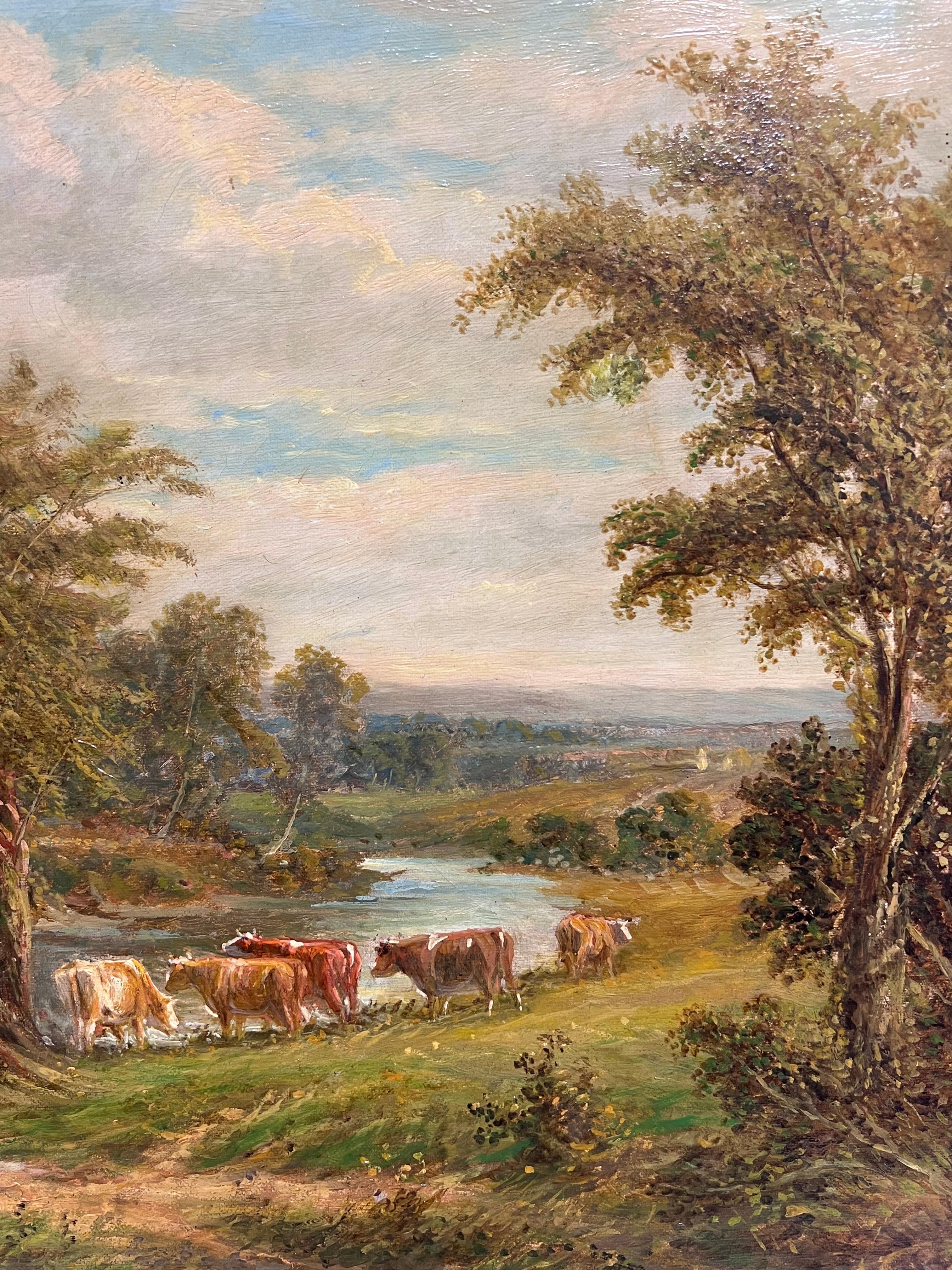 Feine viktorianische signiert Englisch Ölgemälde Ländliche Landschaft Cattle Crossing River (Viktorianisch), Painting, von F Thomas (19th Century)