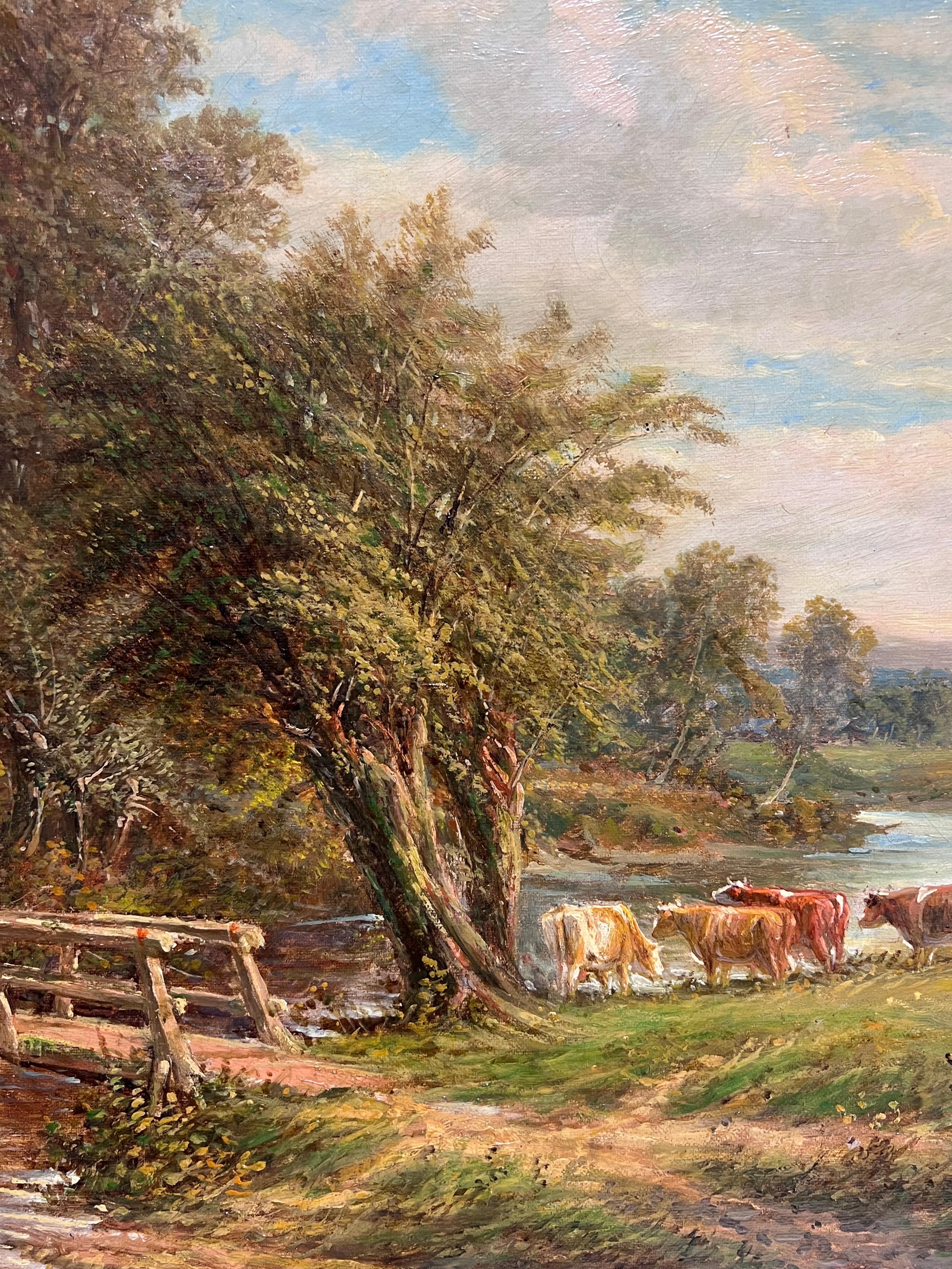 Feine viktorianische signiert Englisch Ölgemälde Ländliche Landschaft Cattle Crossing River (Braun), Figurative Painting, von F Thomas (19th Century)