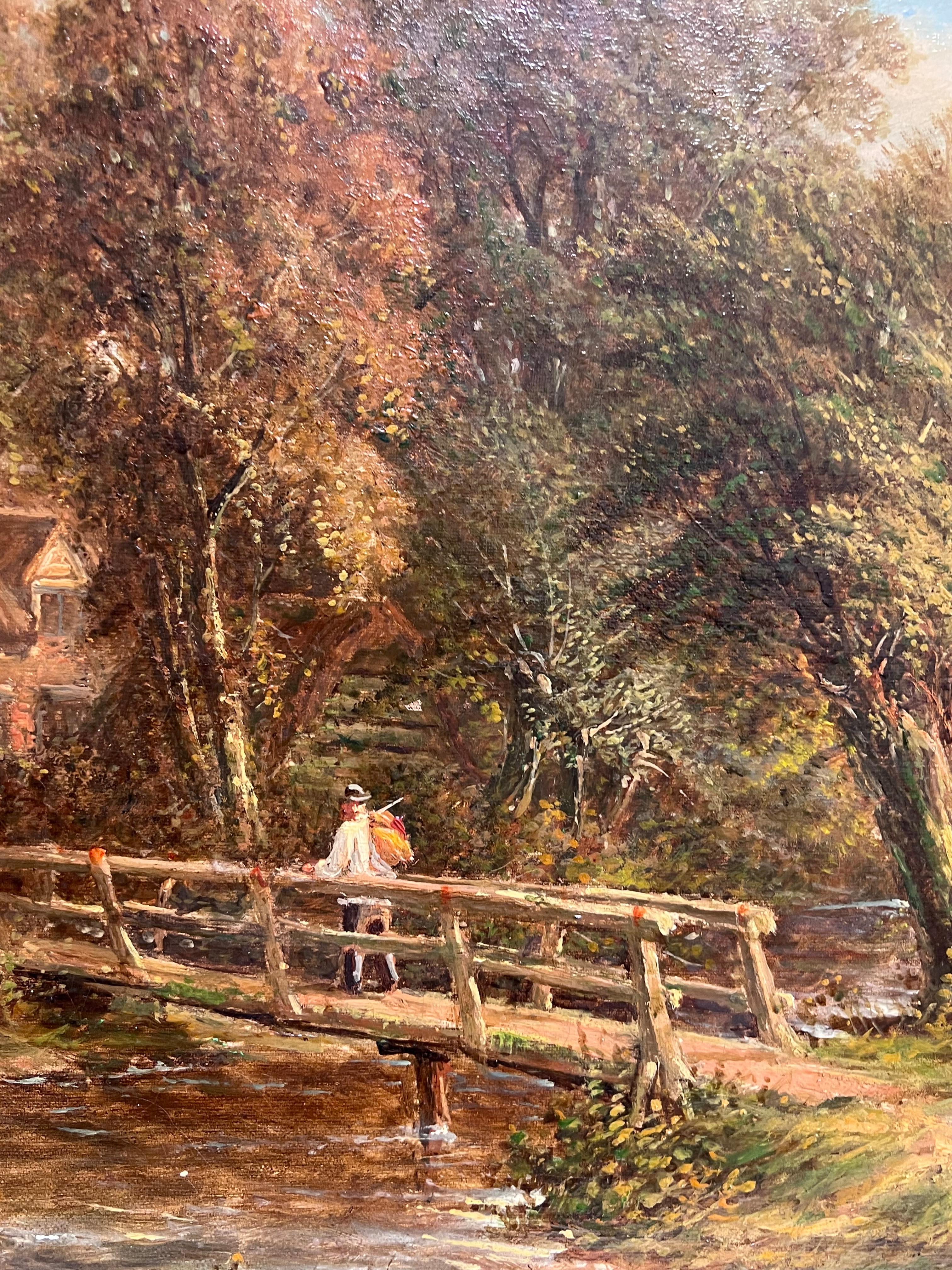 Feine viktorianische signiert Englisch Ölgemälde Ländliche Landschaft Cattle Crossing River im Angebot 3