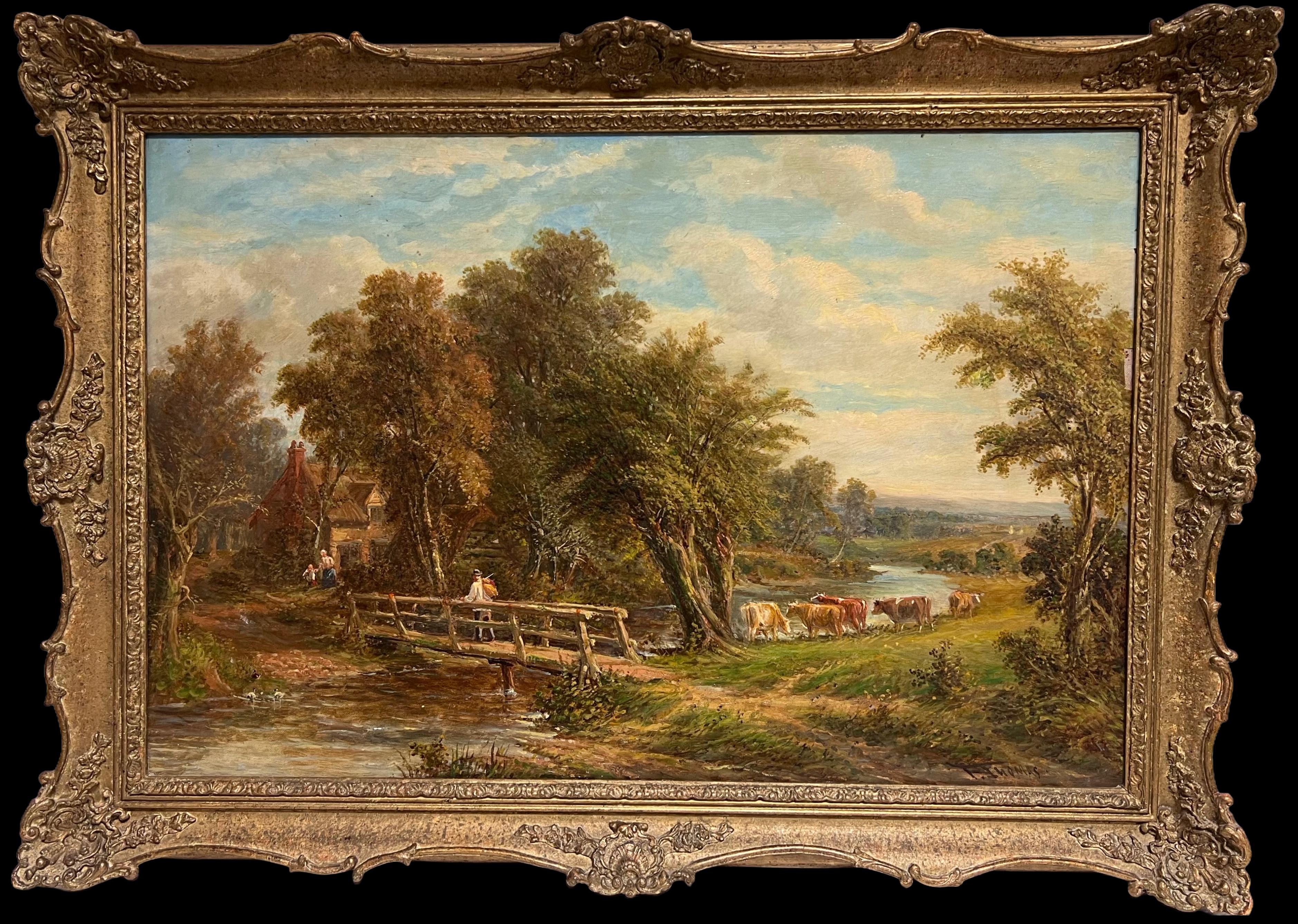 Fine Victorian Signed English Oil Painting Rural Landscape Cattle Crossing River (peinture à l'huile anglaise signée)