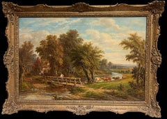 Fine Victorian Signed English Oil Painting Rural Landscape Cattle Crossing River (peinture à l'huile anglaise signée)