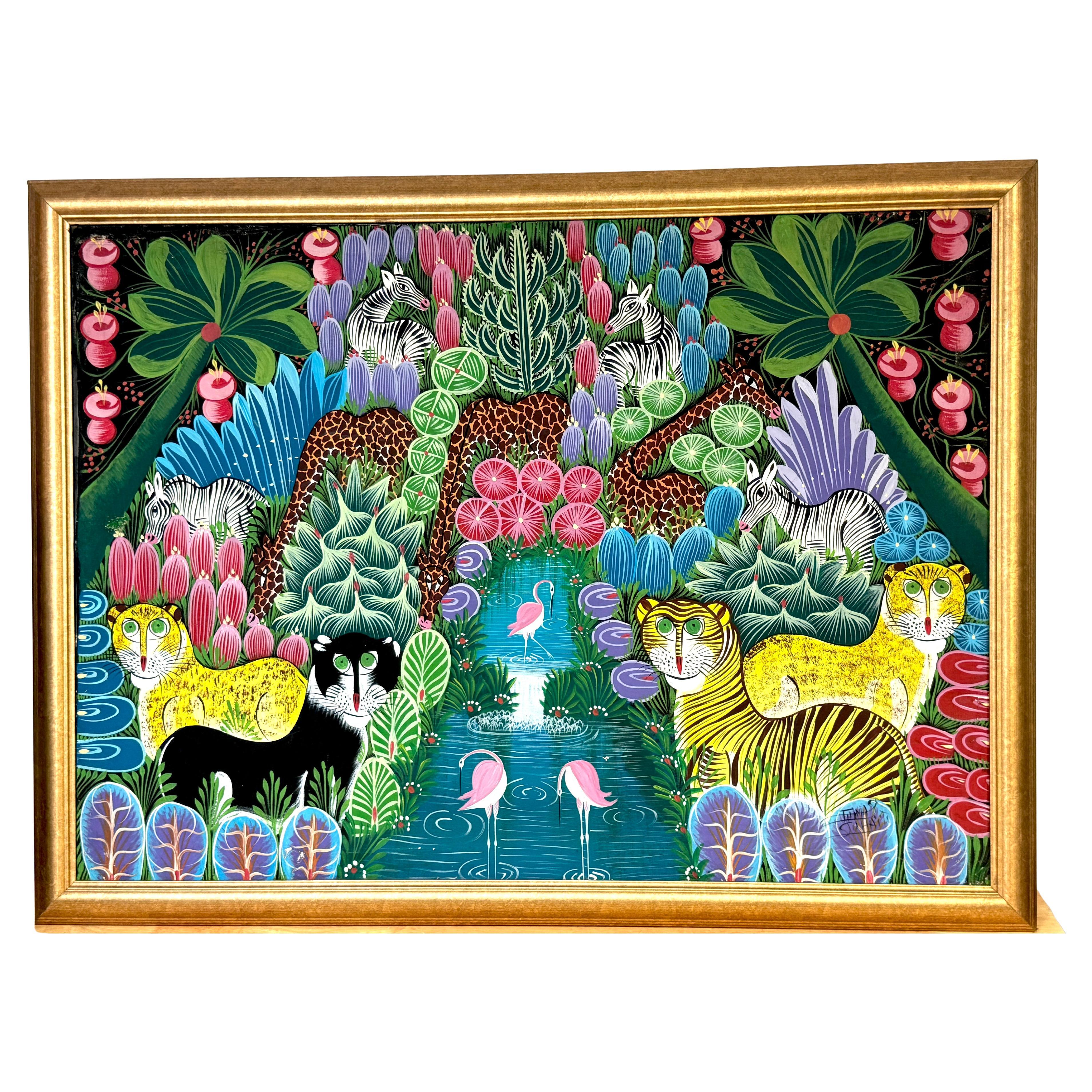 F. Thomas Thomas, "Jungling Paradise" - Olio colorato naïve di Haiti su tela