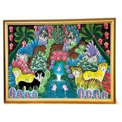 F. Thomas, "Paraíso en la selva" - Óleo naïve haitiano de colores sobre lienzo
