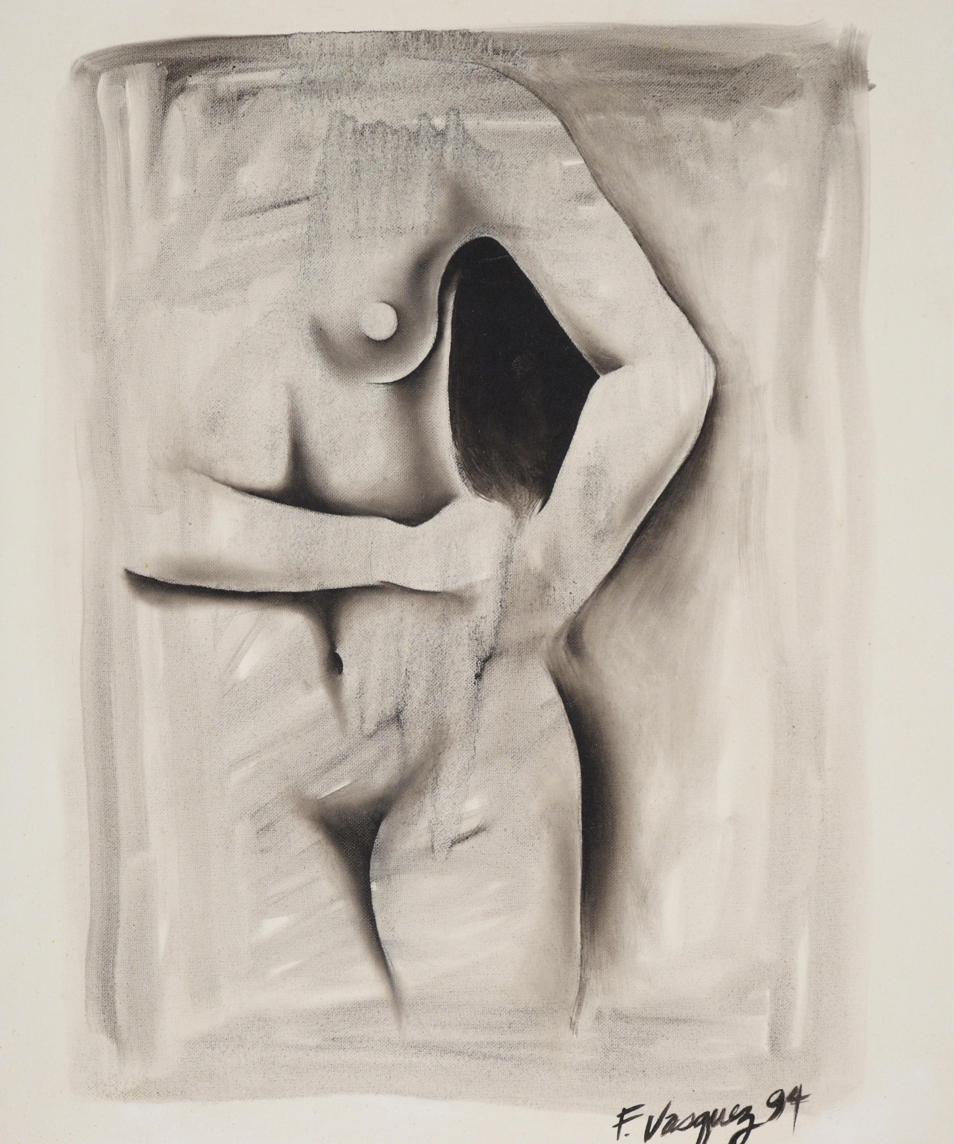 Black and White Figurative Nude - Oil on Canvas - Painting by F. Vasquez