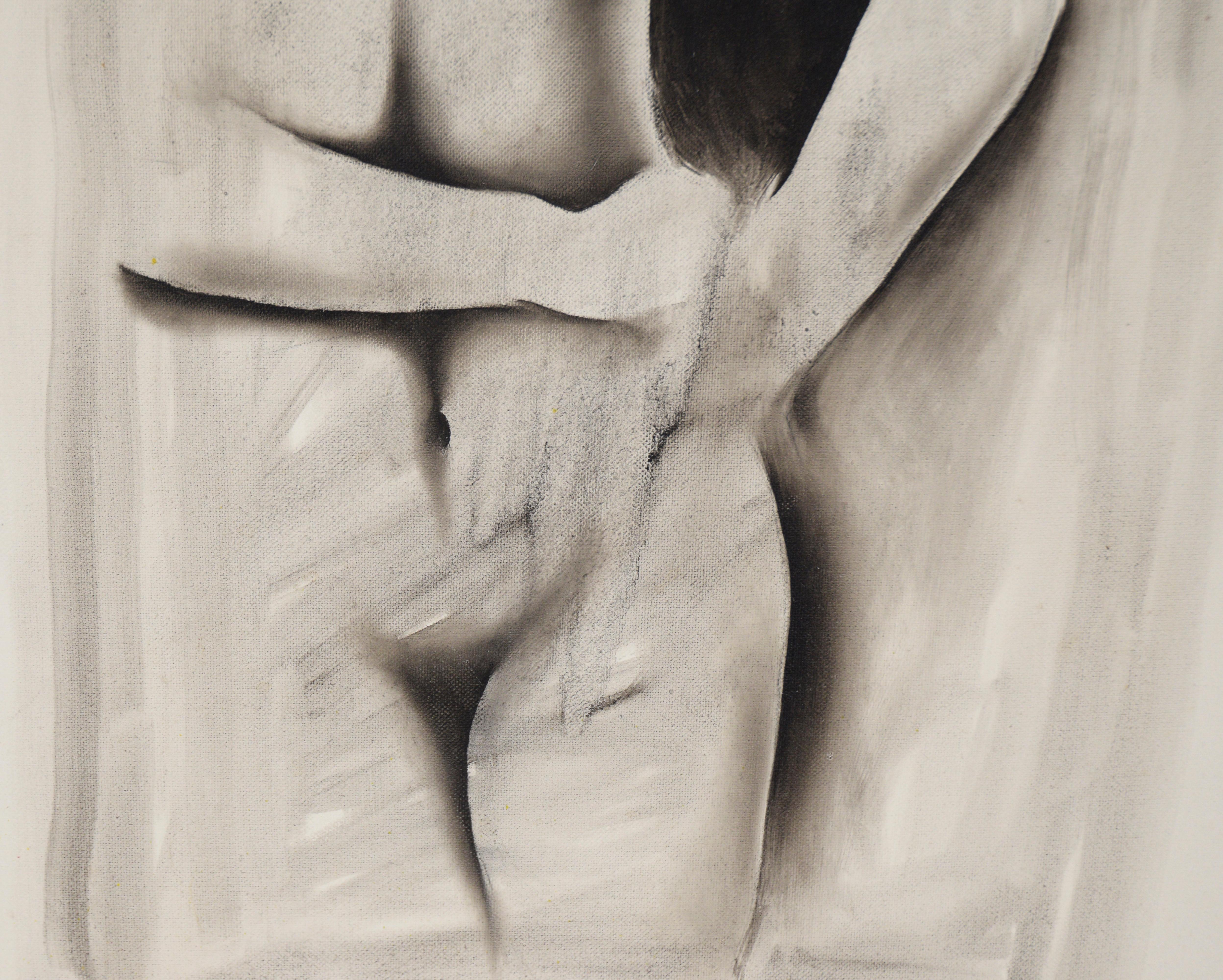 Black and White Figurative Nude - Oil on Canvas

Black and white figurative nude by F Vasquez (20th C). The nude torso of a woman takes up the canvas. Her right hand is on her hip while her left hand is placed above. Contrasts of blacks, whites and