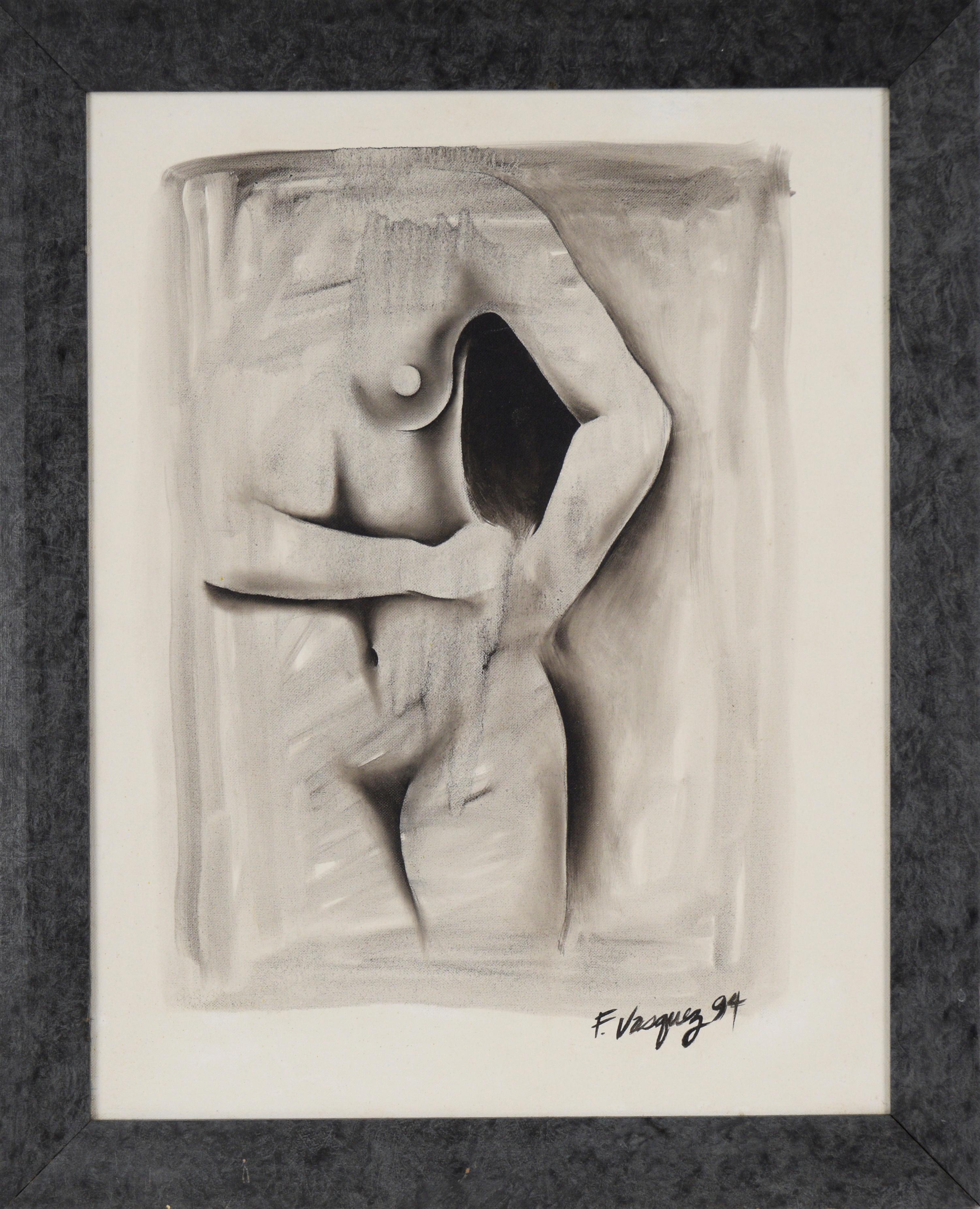 F. Vasquez Nude Painting - Black and White Figurative Nude - Oil on Canvas