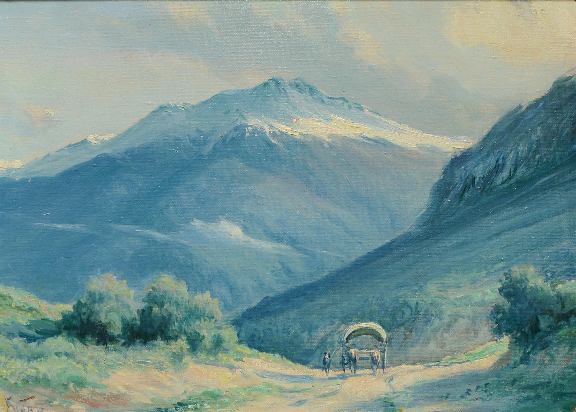 Impressionist painting by Chilean artist F. Vial. The subject is a Chile landscape with oxen pulling a wagon and the Andes in the background. Little is know of Vial despite being a prolific, talented and commercially successful artist. The painting