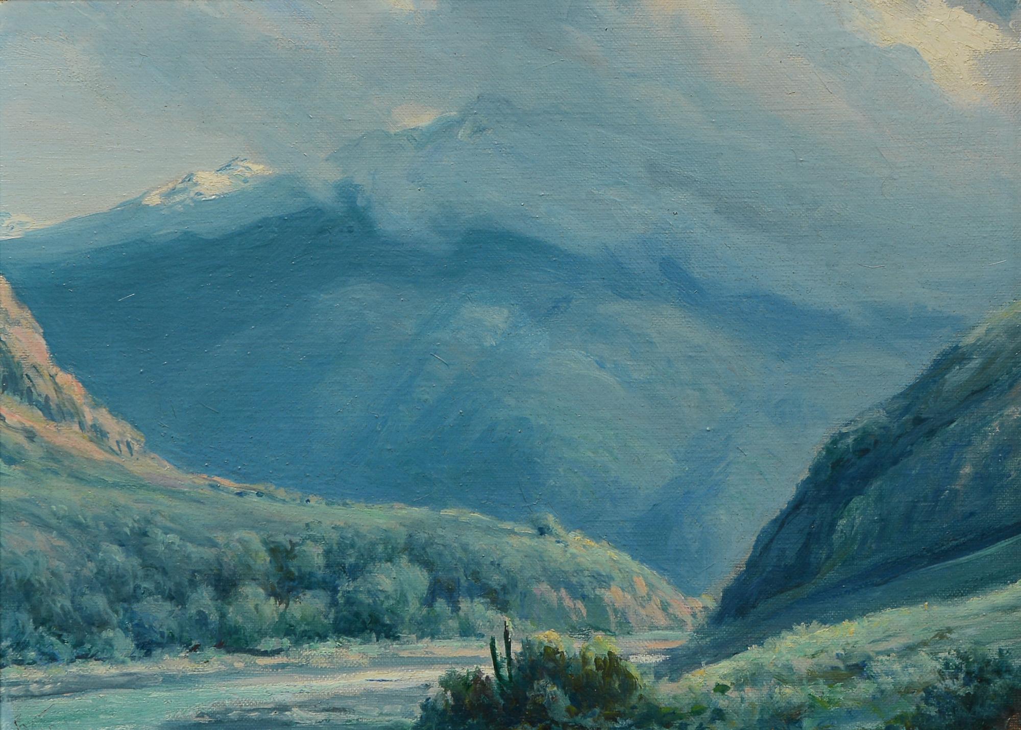 Impressionist painting by Chilean artist F. Vial. The subject is a Chile landscape with the Andes in the background. Little is know of Vial despite being a prolific, talented and commercially successful artist. The painting is 14 3/8 inches by 10
