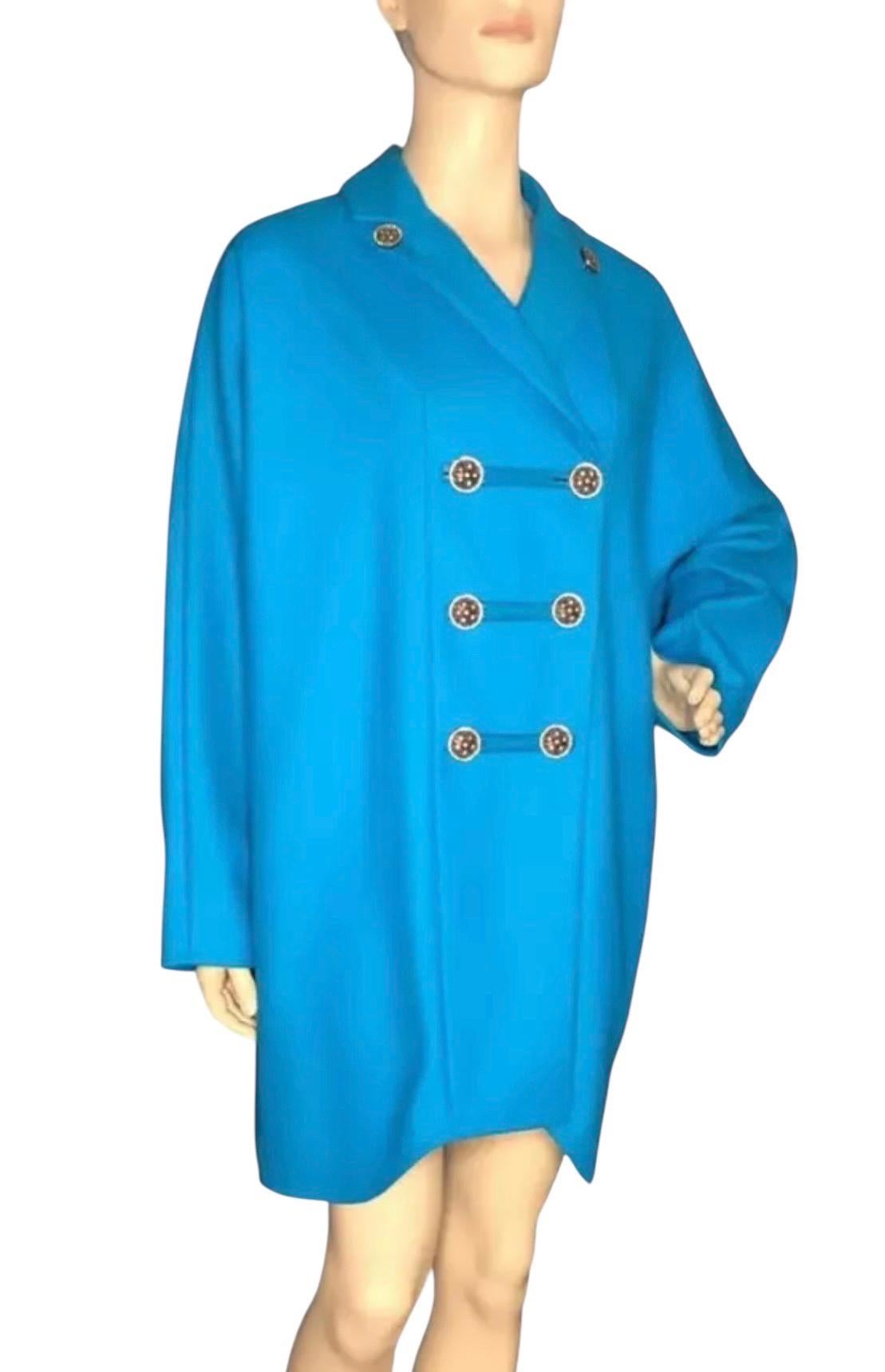 F/W 2014 Look #14 Versace Carrebian Blue Wool Cashmere Coat 38 - 4 In New Condition For Sale In Montgomery, TX