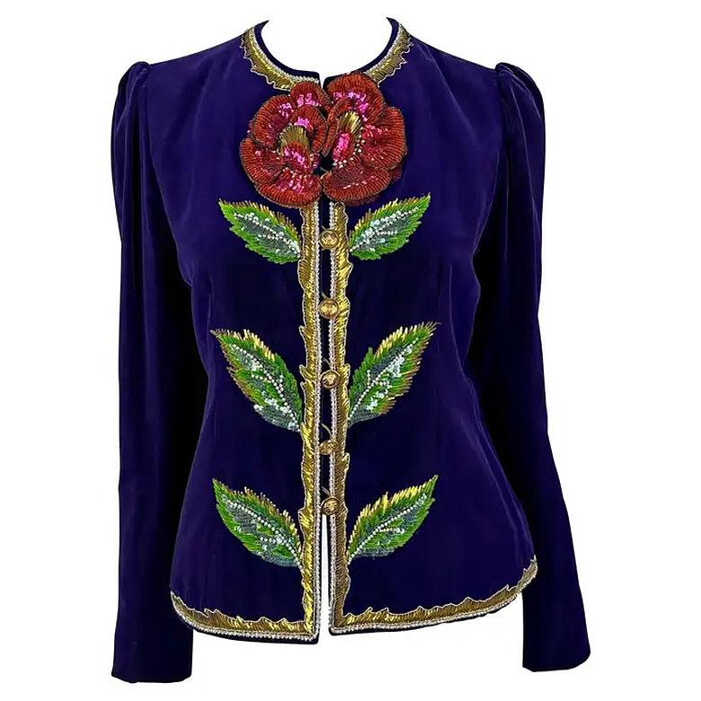 F/W 1978 Yves Saint Laurent Haute Couture Lila Lesage-Blumenjacke mit Stickerei im Angebot