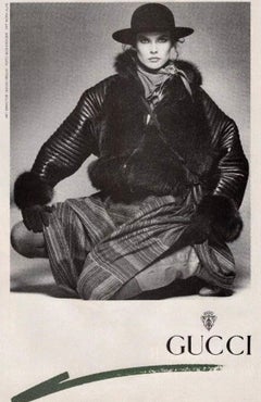 F/W 1983 Gucci Ad Campaign Brown Quilted Leather Fox Fur Oversized Jacket