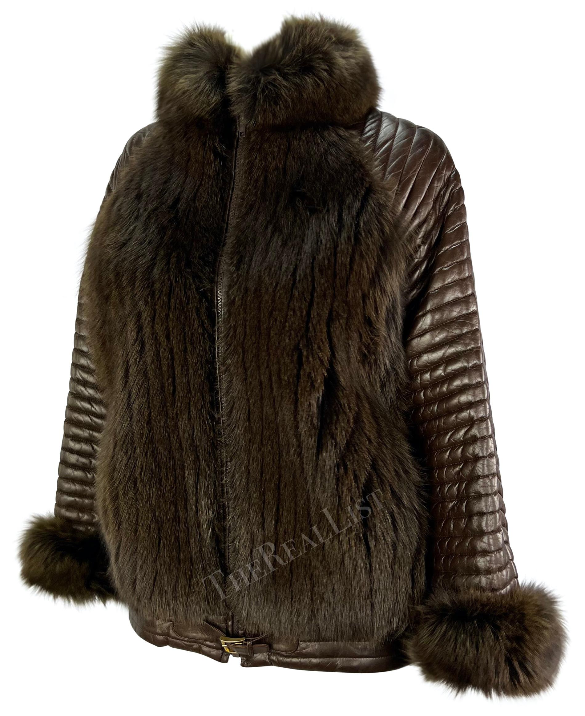 Black F/W 1983 Gucci Ad Campaign Brown Quilted Leather Fox Fur Oversized Jacket For Sale