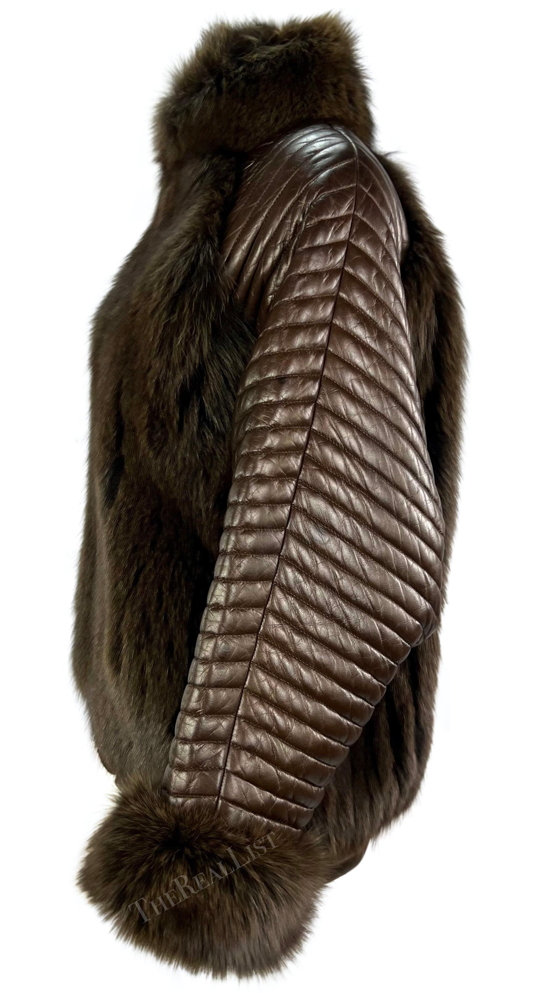 F/W 1983 Gucci Ad Campaign Brown Quilted Leather Fox Fur Oversized Jacket In Fair Condition For Sale In West Hollywood, CA