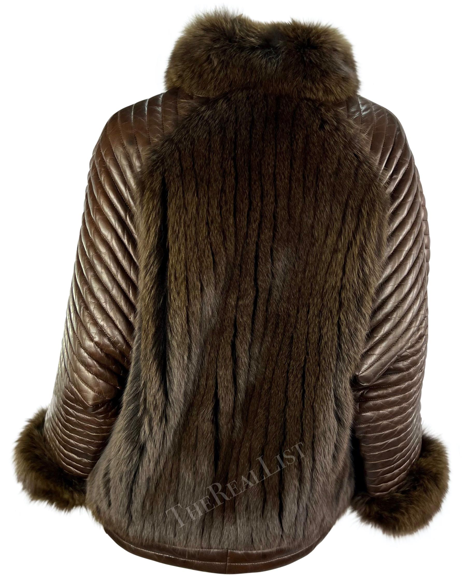 Women's F/W 1983 Gucci Ad Campaign Brown Quilted Leather Fox Fur Oversized Jacket For Sale