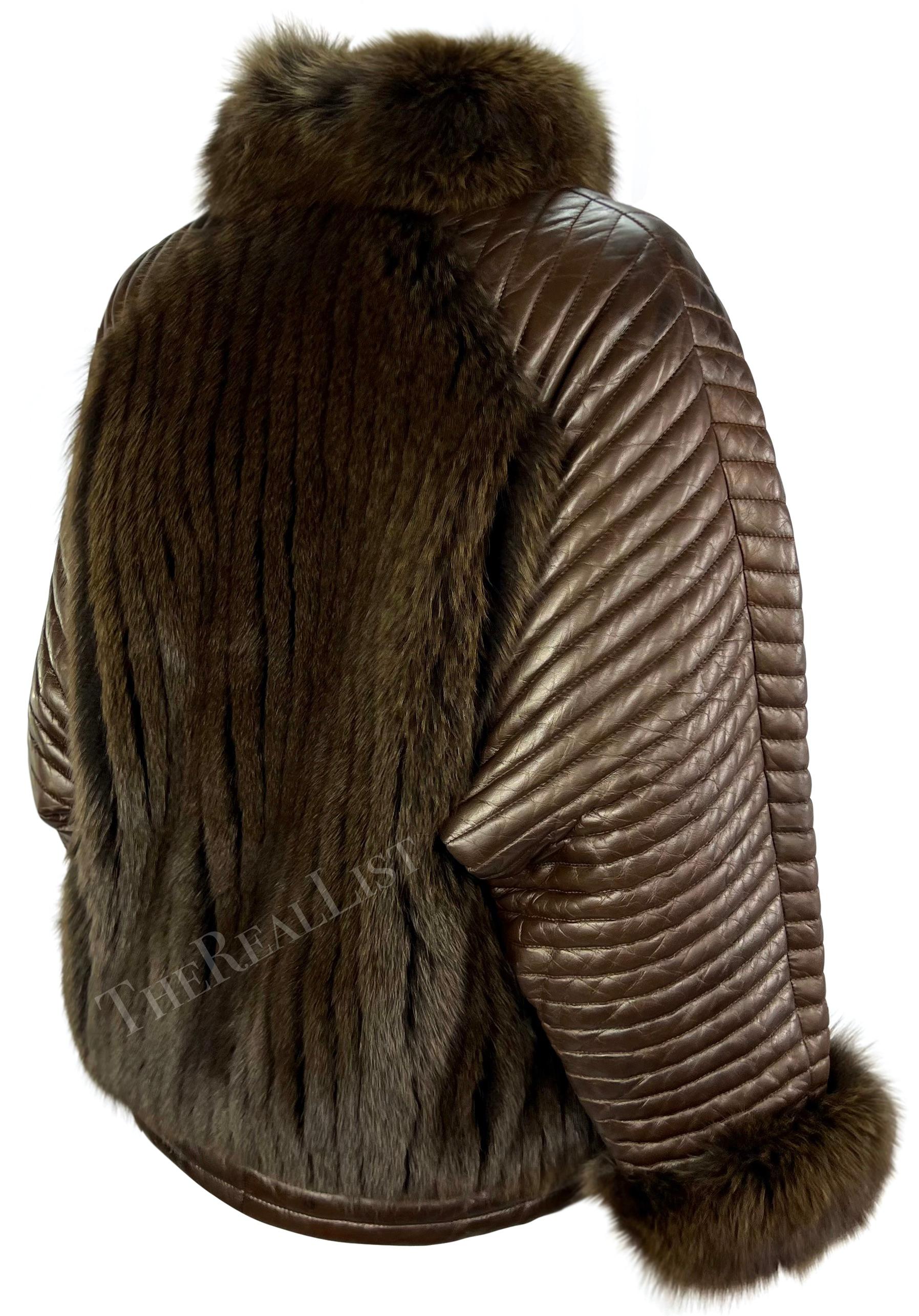 F/W 1983 Gucci Ad Campaign Brown Quilted Leather Fox Fur Oversized Jacket For Sale 1