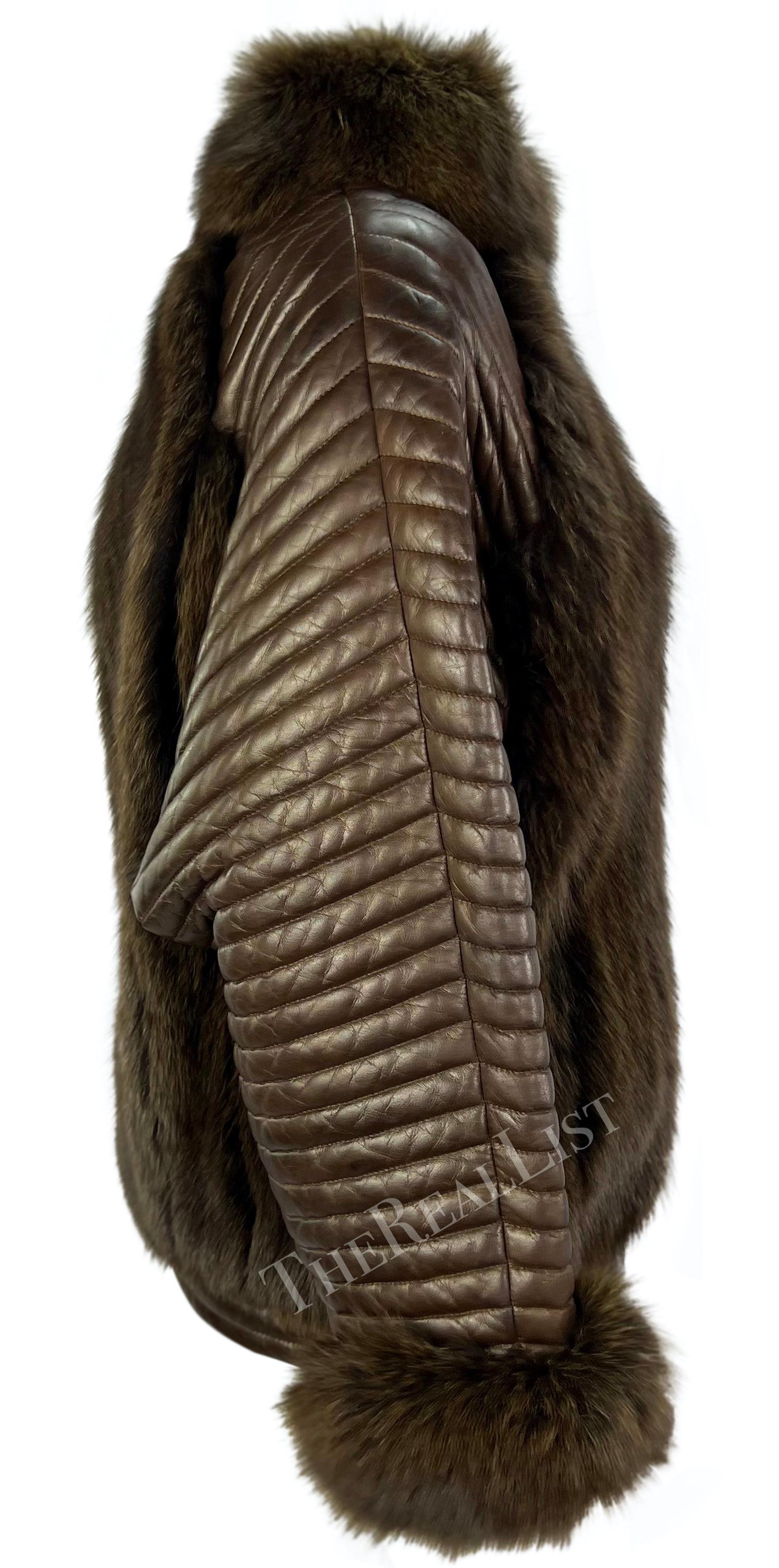 F/W 1983 Gucci Ad Campaign Brown Quilted Leather Fox Fur Oversized Jacket For Sale 2