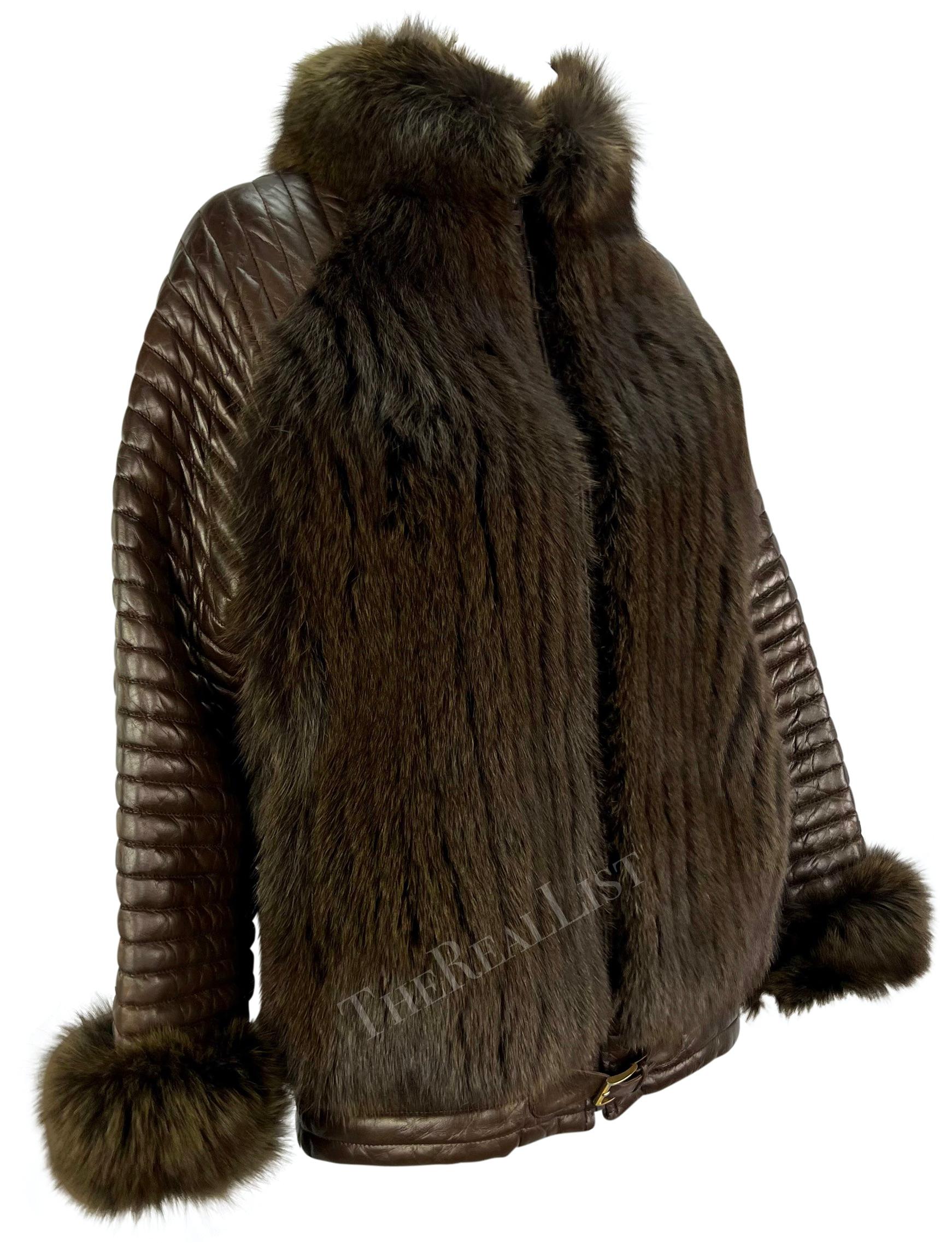 F/W 1983 Gucci Ad Campaign Brown Quilted Leather Fox Fur Oversized Jacket For Sale 3