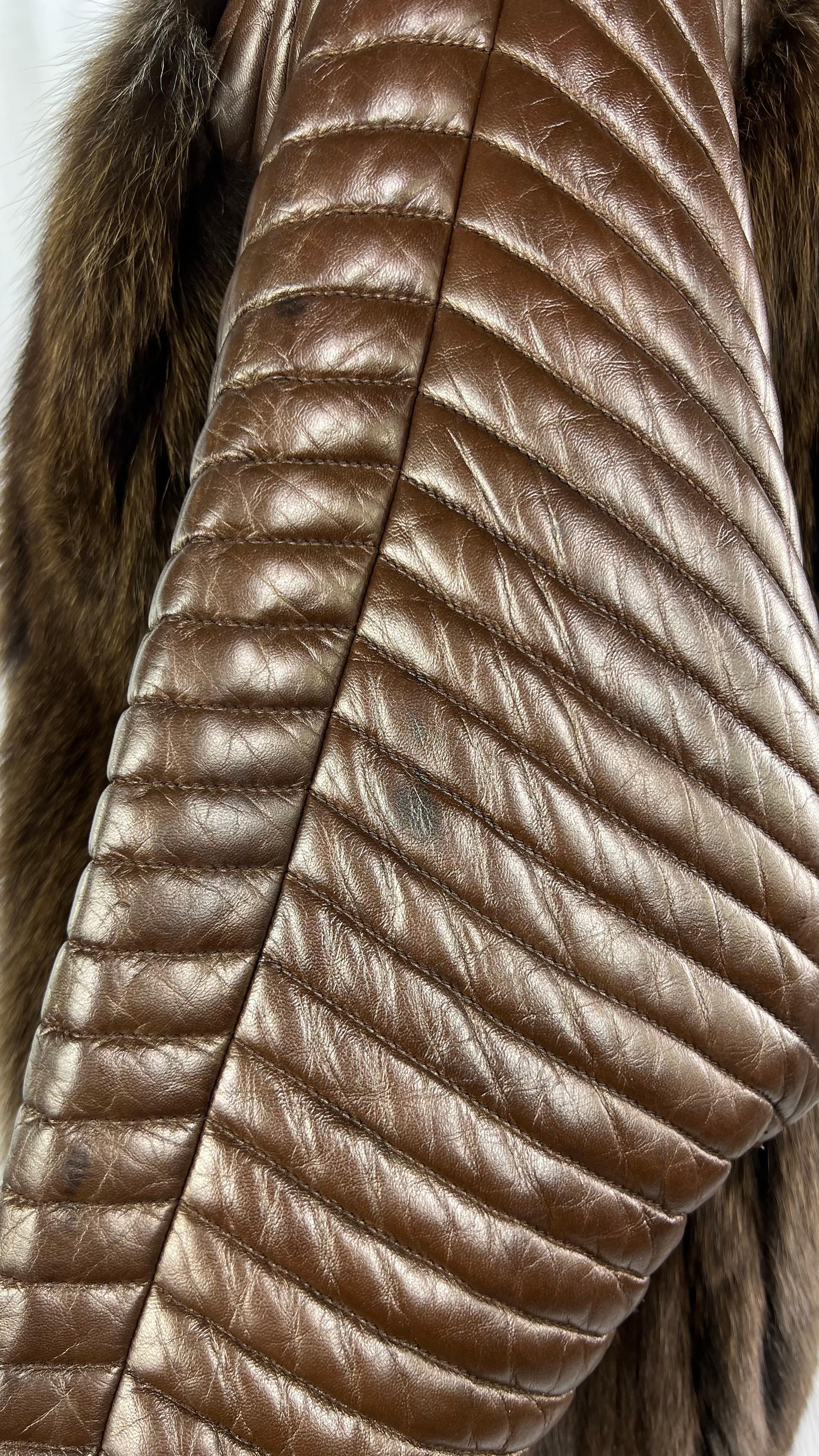 F/W 1983 Gucci Ad Campaign Brown Quilted Leather Fox Fur Oversized Jacket For Sale 4