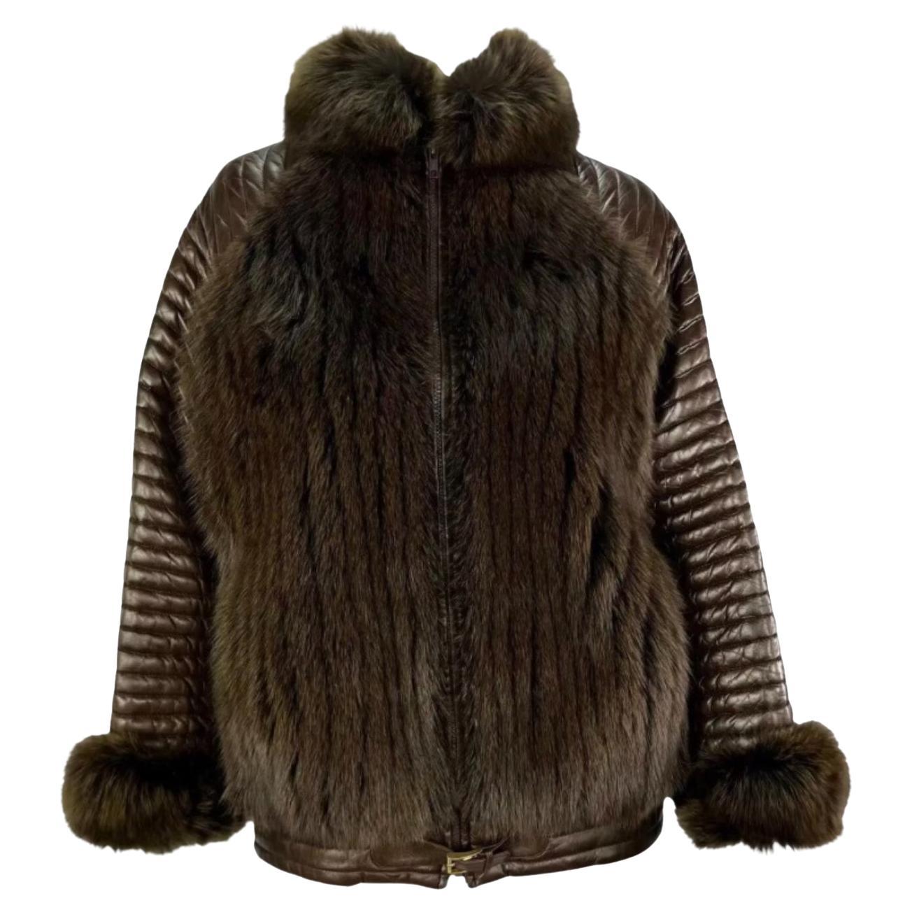 F/W 1983 Gucci Ad Campaign Brown Quilted Leather Fox Fur Oversized Jacket For Sale