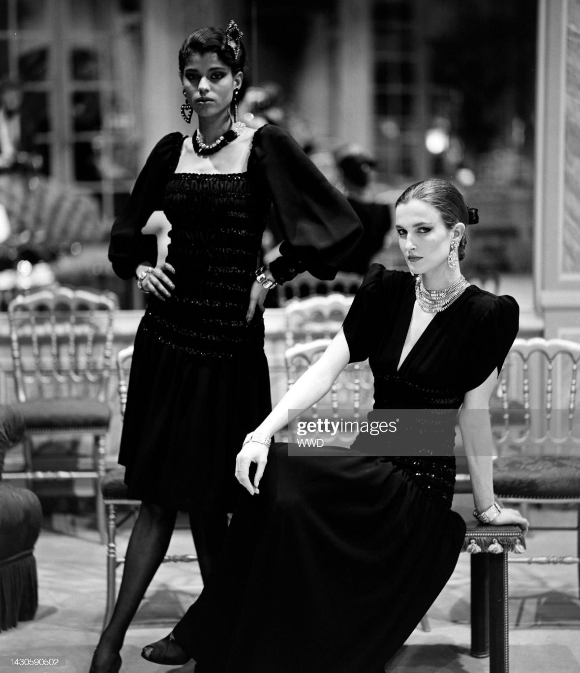 Women's F/W 1983 Saint Laurent Rive Gauche Runway Ad Black Sequin Ruched Dress