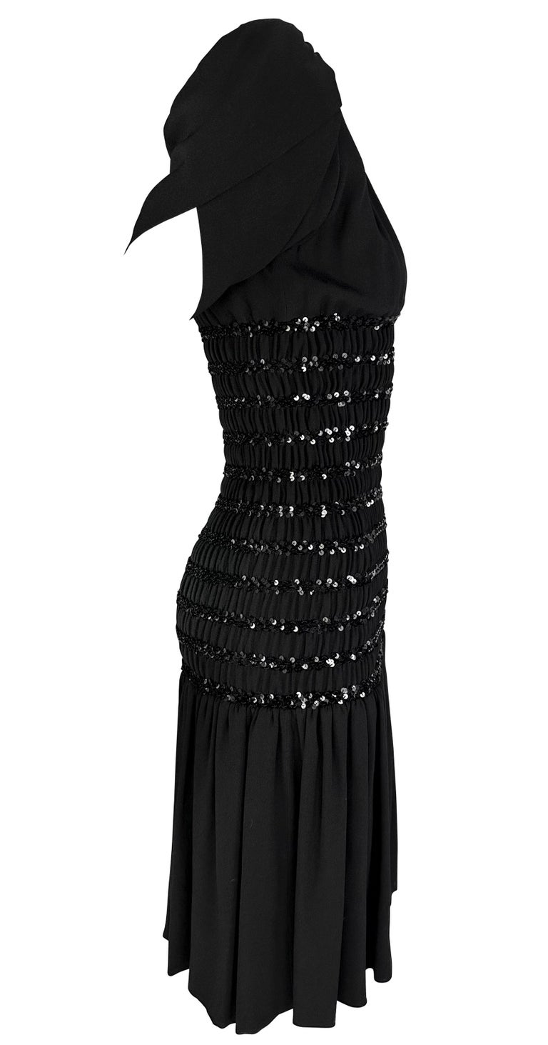 F/W 1983 Saint Laurent Runway Ad Ruched Sequin Black Petal Flare Dress For Sale at 1stDibs F/W 1983 Saint Laurent Runway Ad Ruched Sequin Black Petal Flare Dress For Sale at 1stDibs