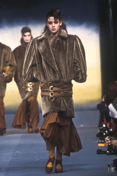 F/W 1983 Thierry Mugler Faux Fur Brown Leather Trim Oversized Double Breast Coat
