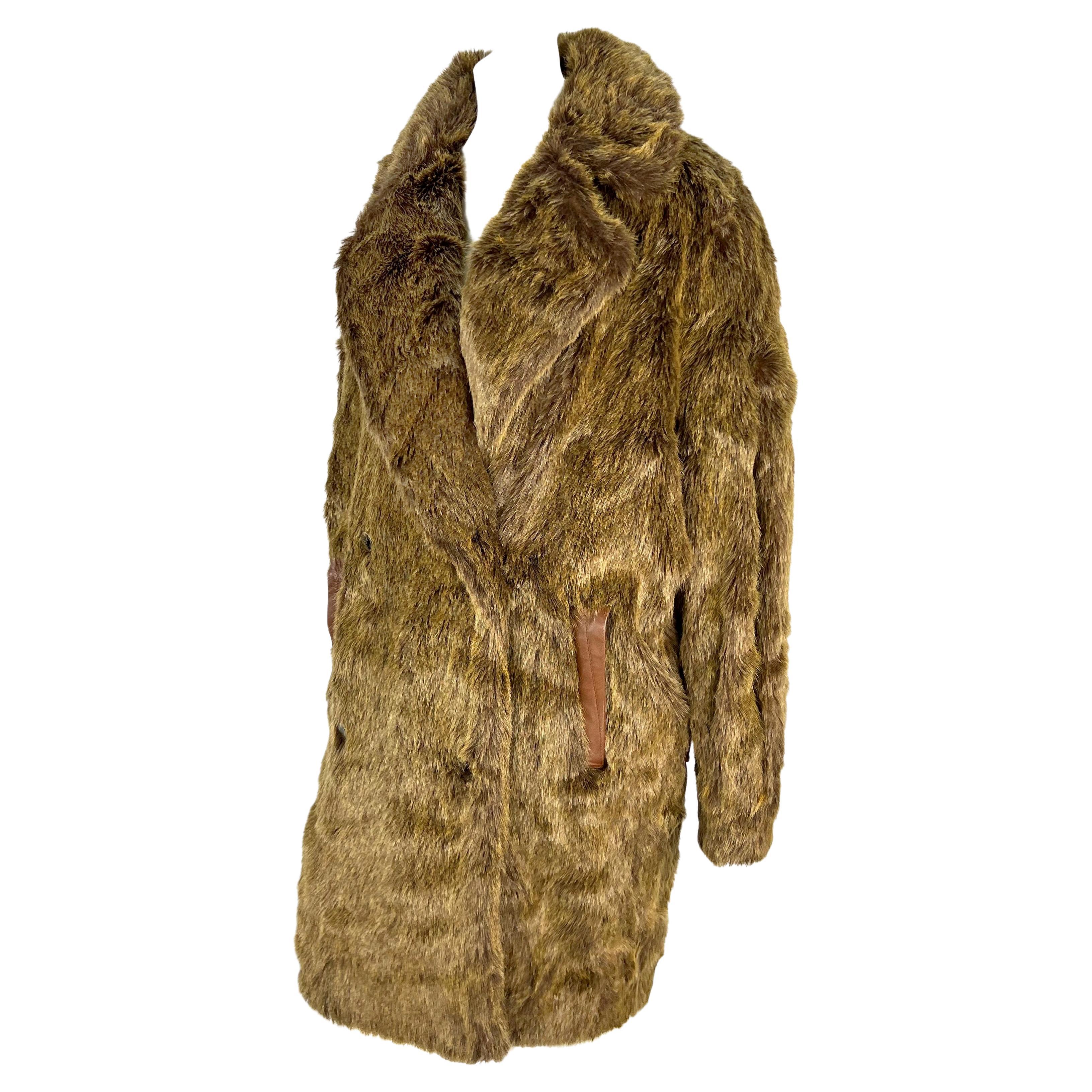 Women's F/W 1983 Thierry Mugler Faux Fur Brown Leather Trim Oversized Double Breast Coat For Sale