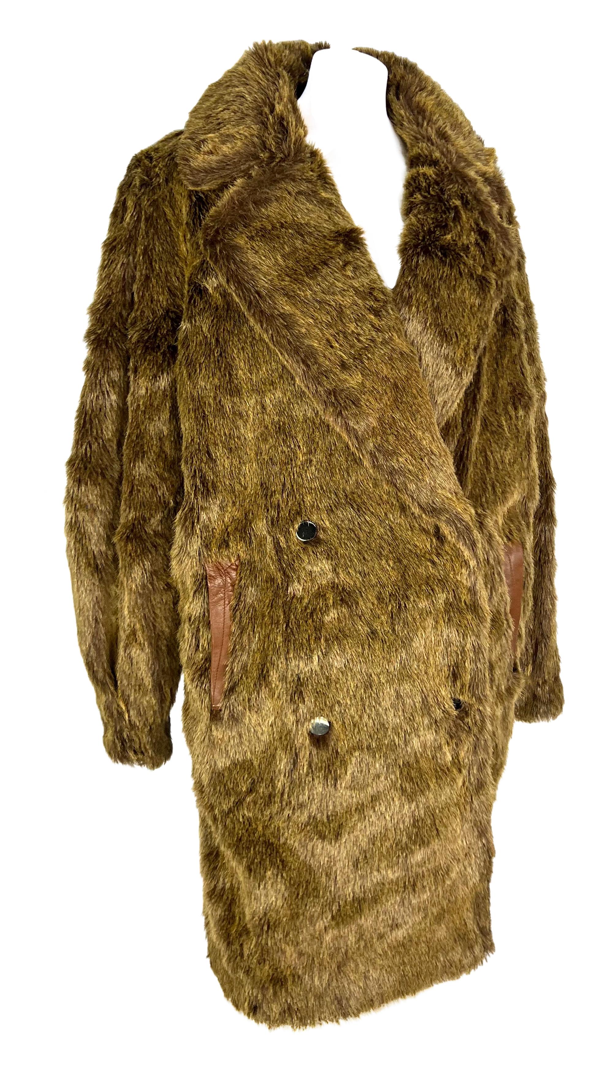 F/W 1983 Thierry Mugler Faux Fur Brown Leather Trim Oversized Double Breast Coat For Sale 5