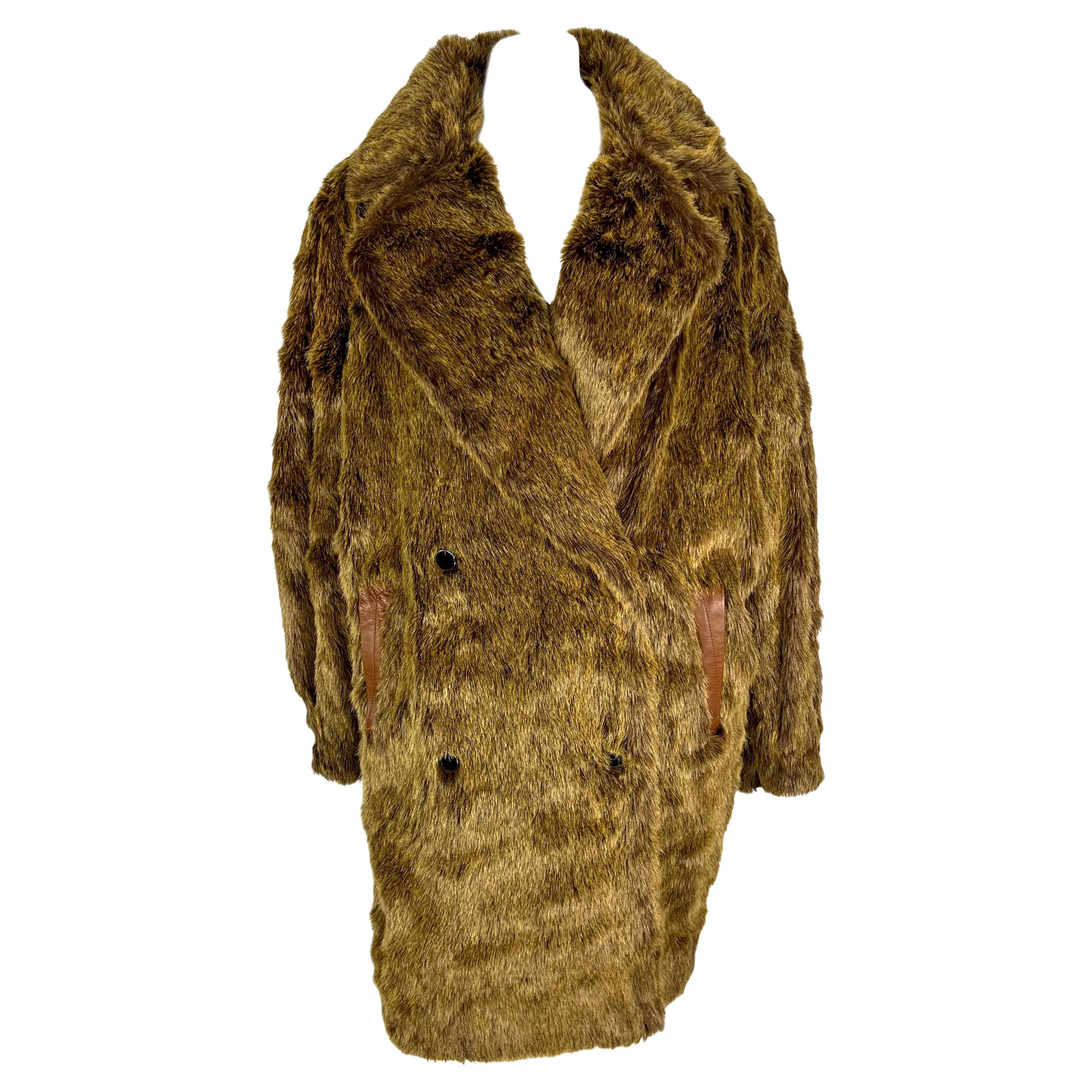 F/W 1983 Thierry Mugler Faux Fur Brown Leather Trim Oversized Double Breast Coat For Sale