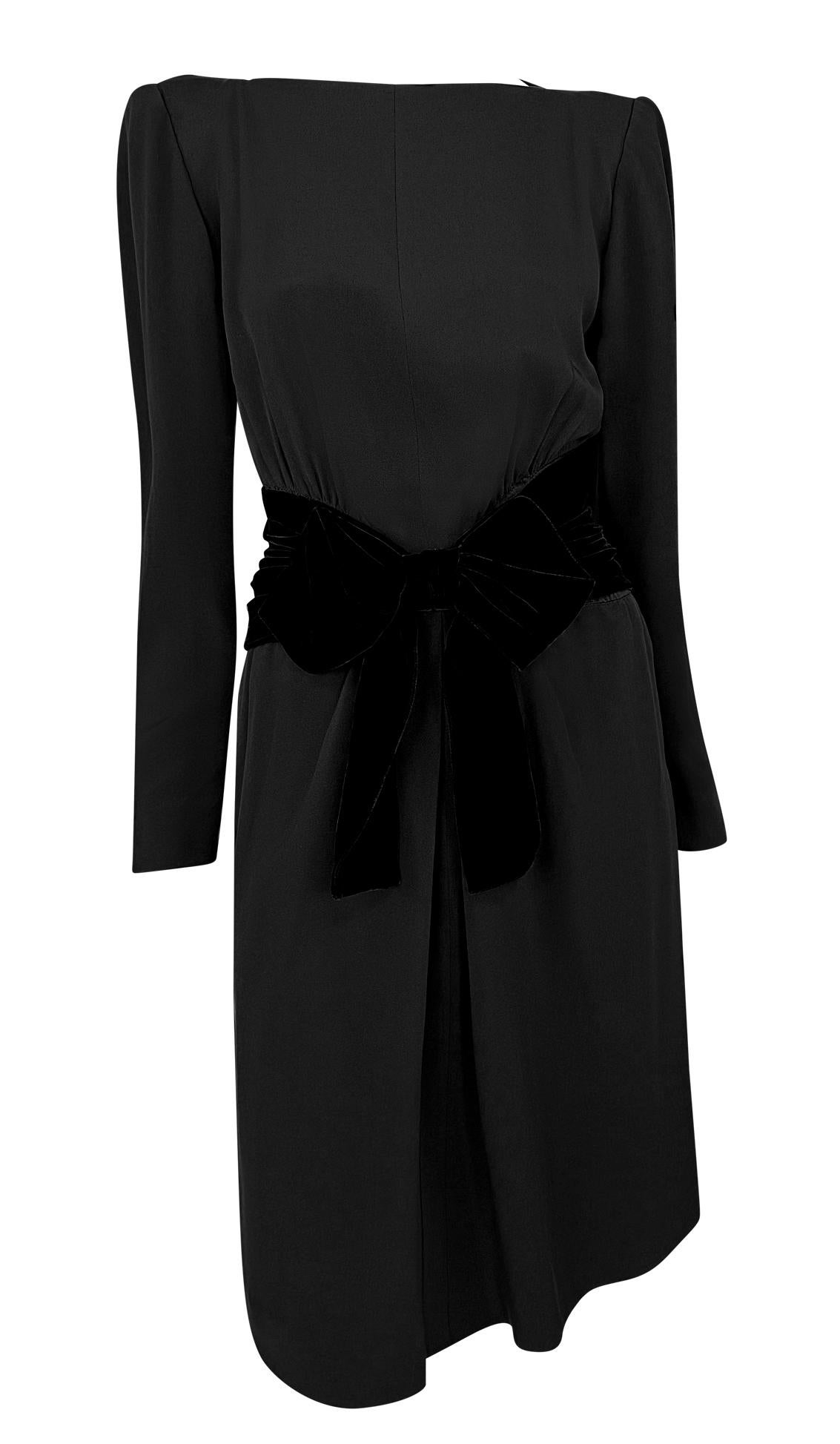 Women's F/W 1983 Yves Saint Laurent Haute Couture Runway Black Velvet Bow Midi Dress For Sale